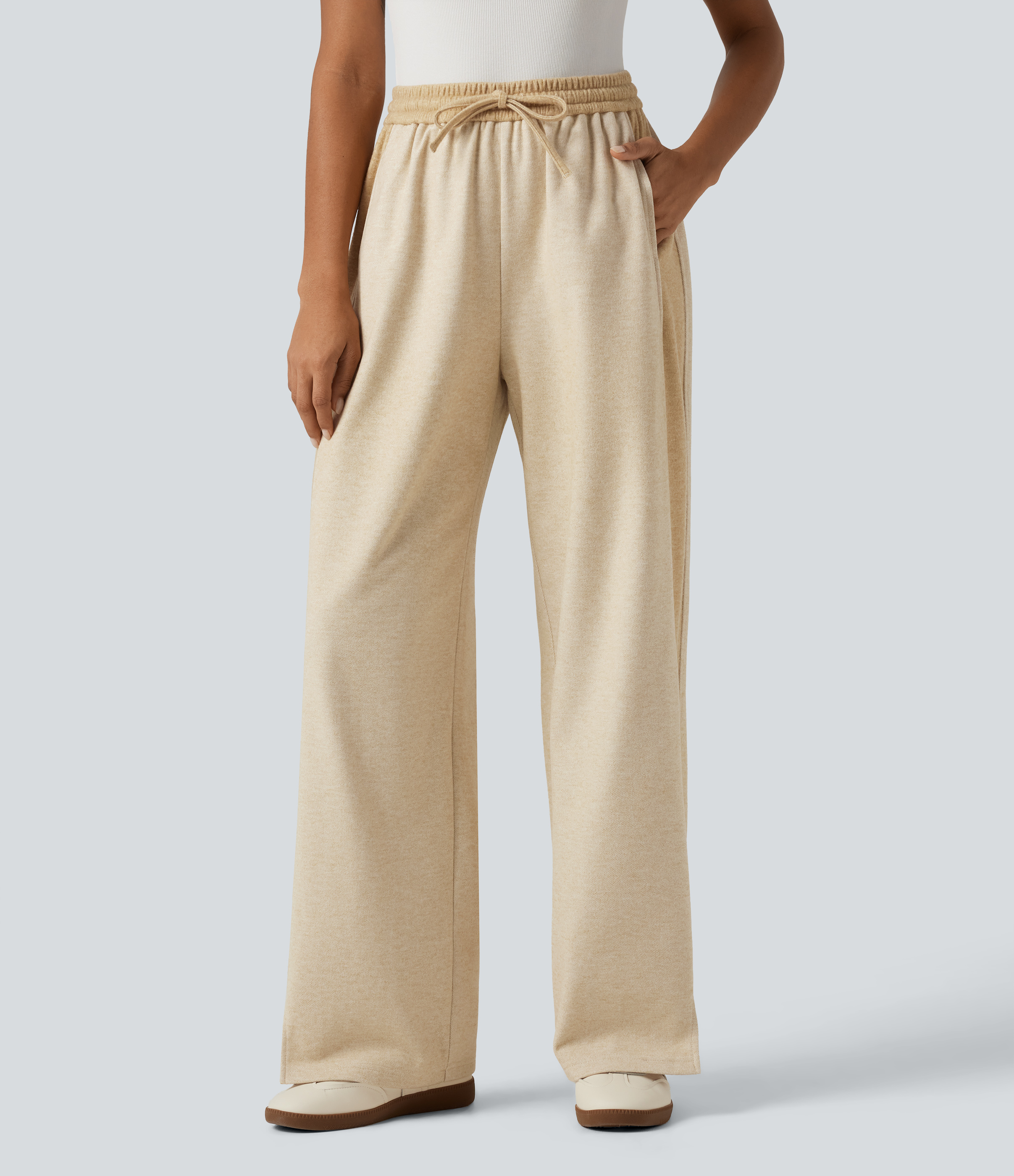 High Waisted Drawstring Straight Leg Casual Pants with Pockets