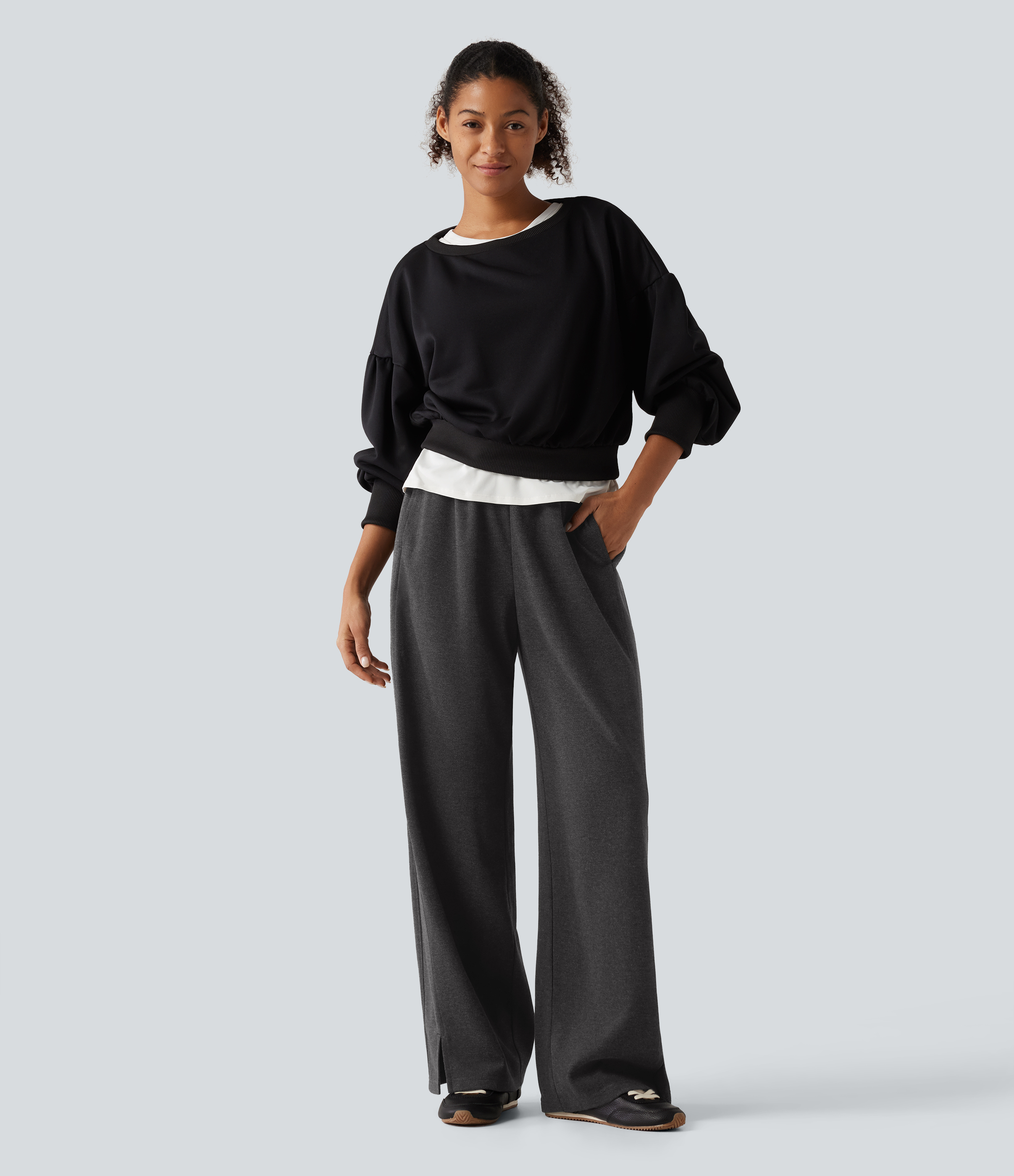 Dark Grey Pantalon droit taille haute à cordon avec poches / 1