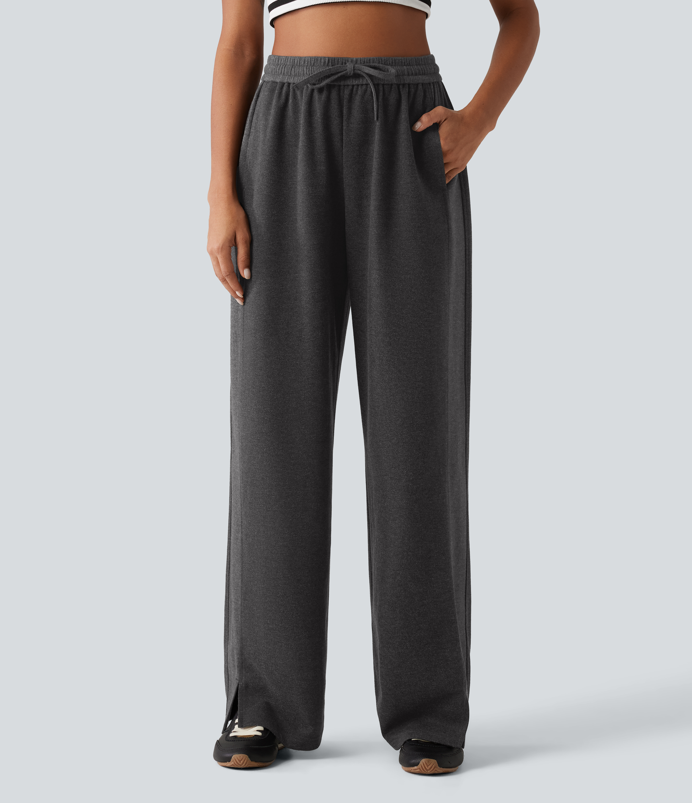 Dark Grey Pantalon droit taille haute à cordon avec poches / 2
