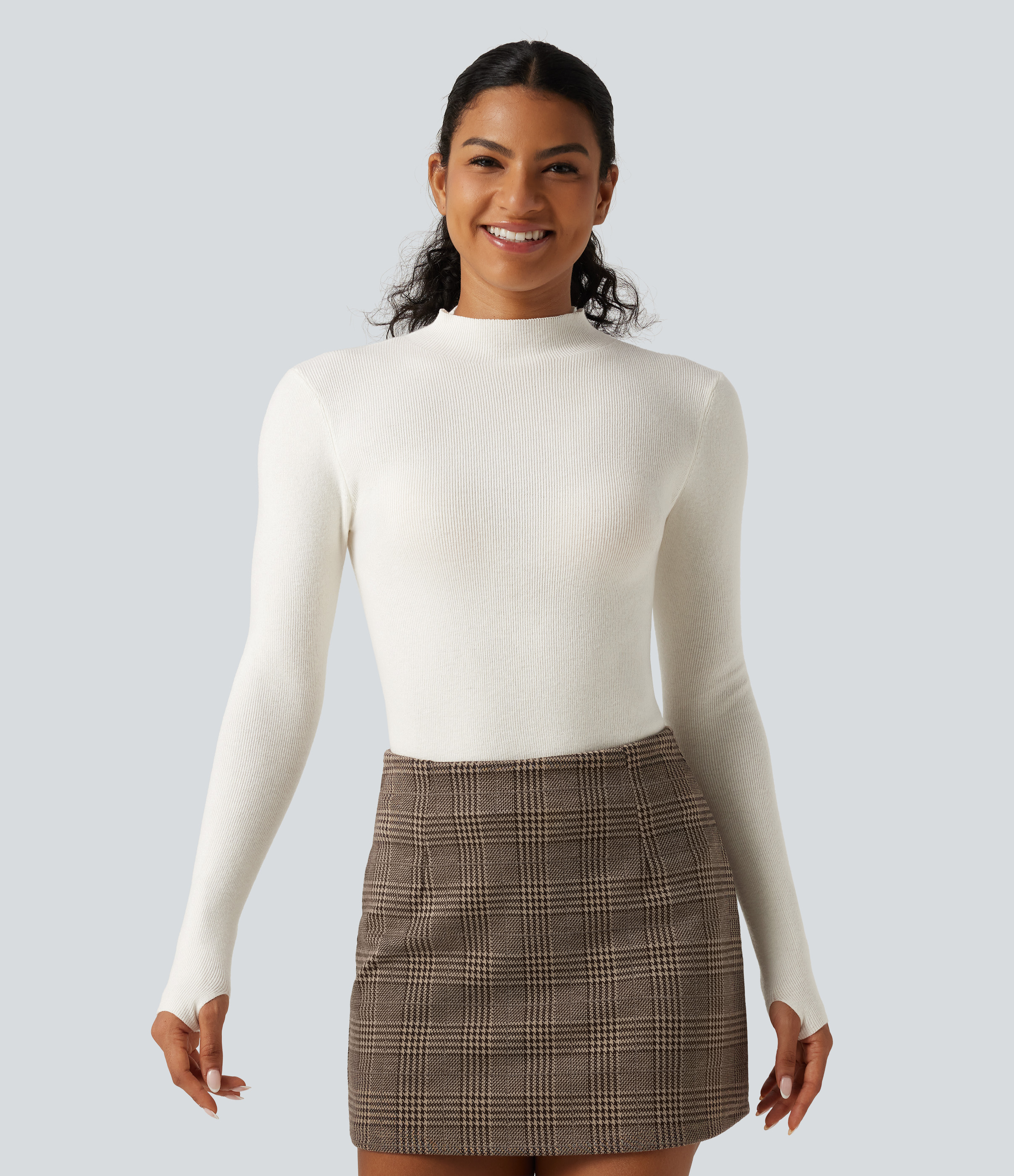 Mock Neck Long Sleeve Thumb Hole Work Wool-Blend Sweater