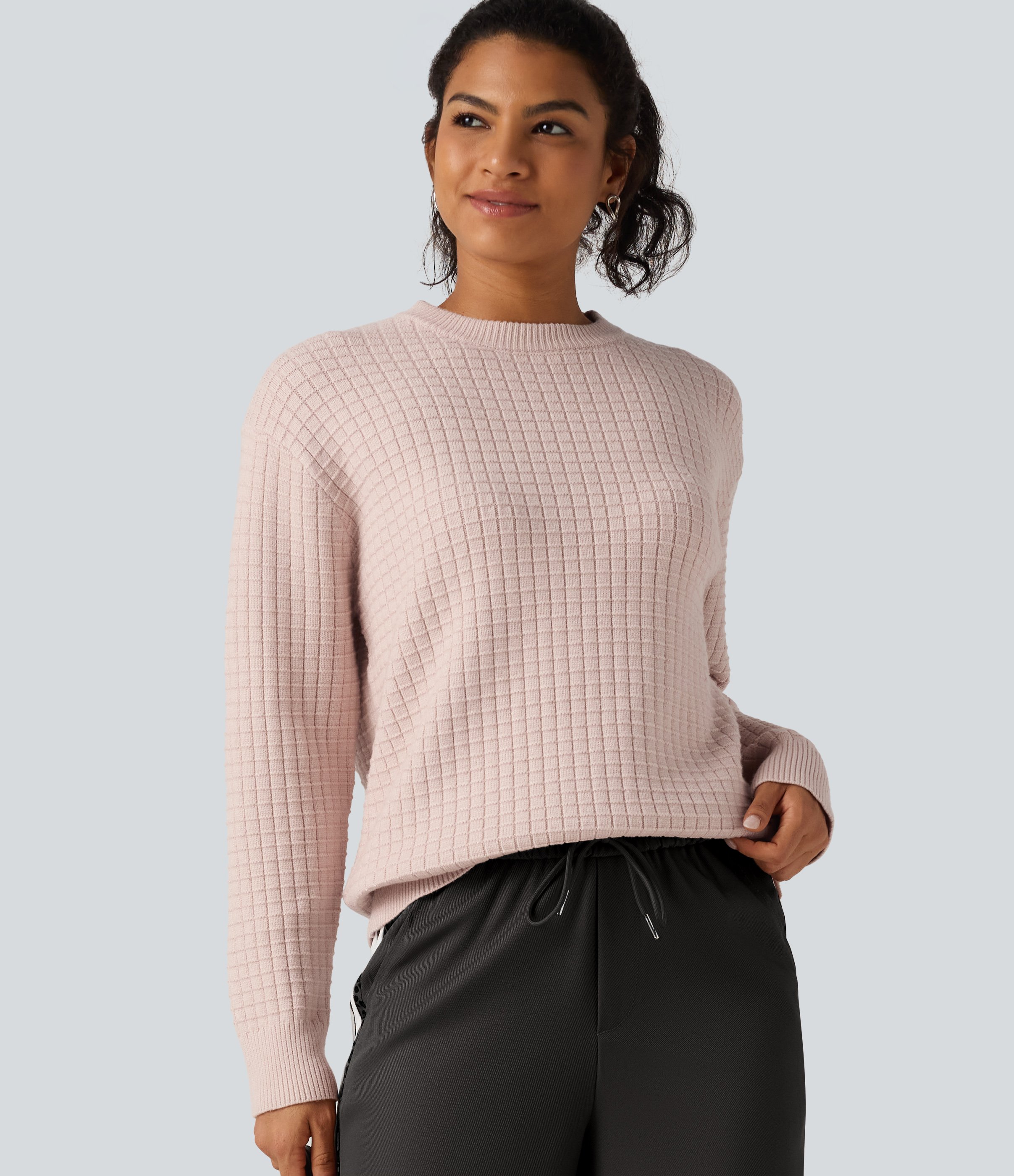 Round Neck Long Sleeve Waffle Casual Sweater