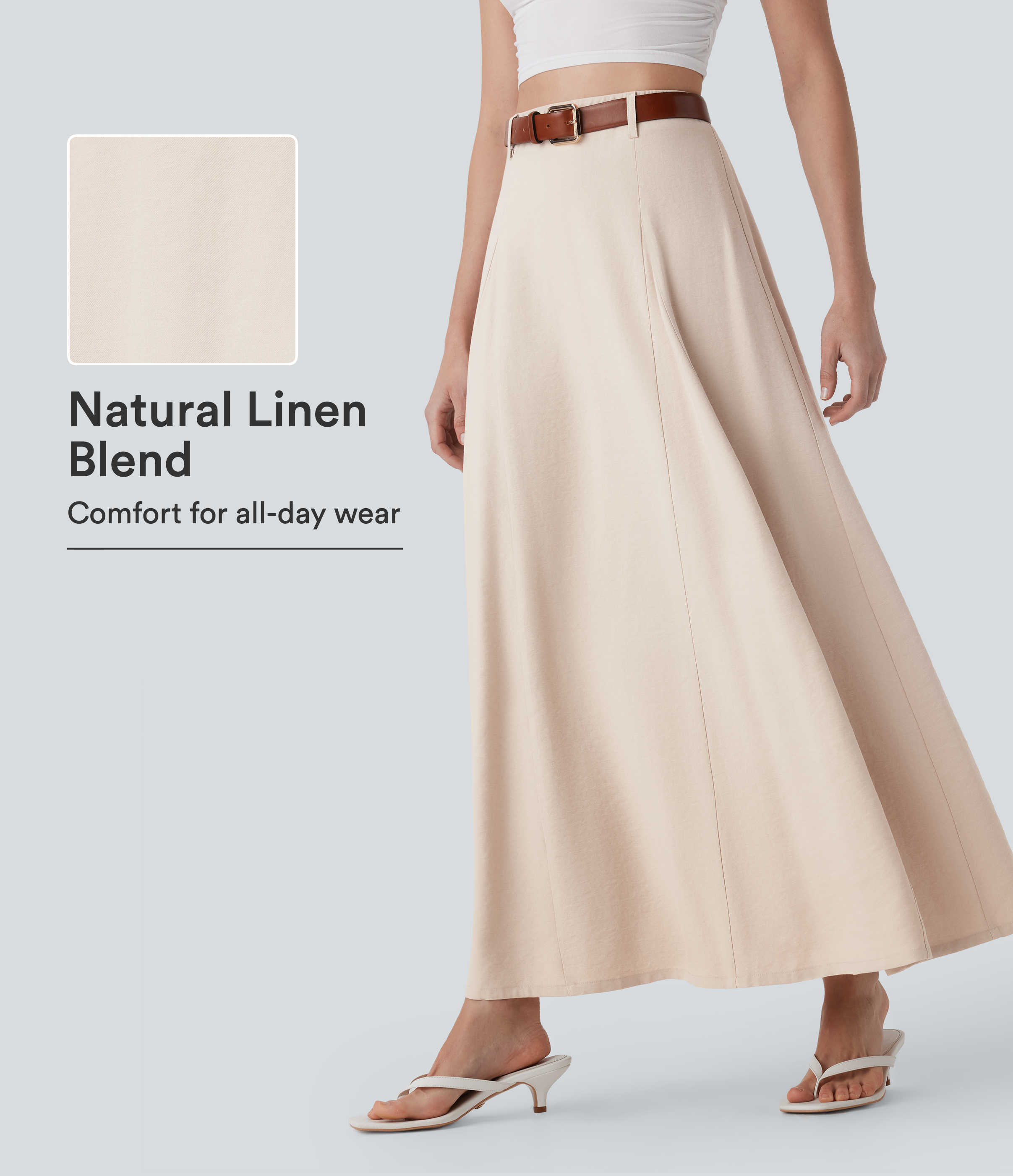 High Waisted Maxi Casual Linen-Feel Flare Skirt