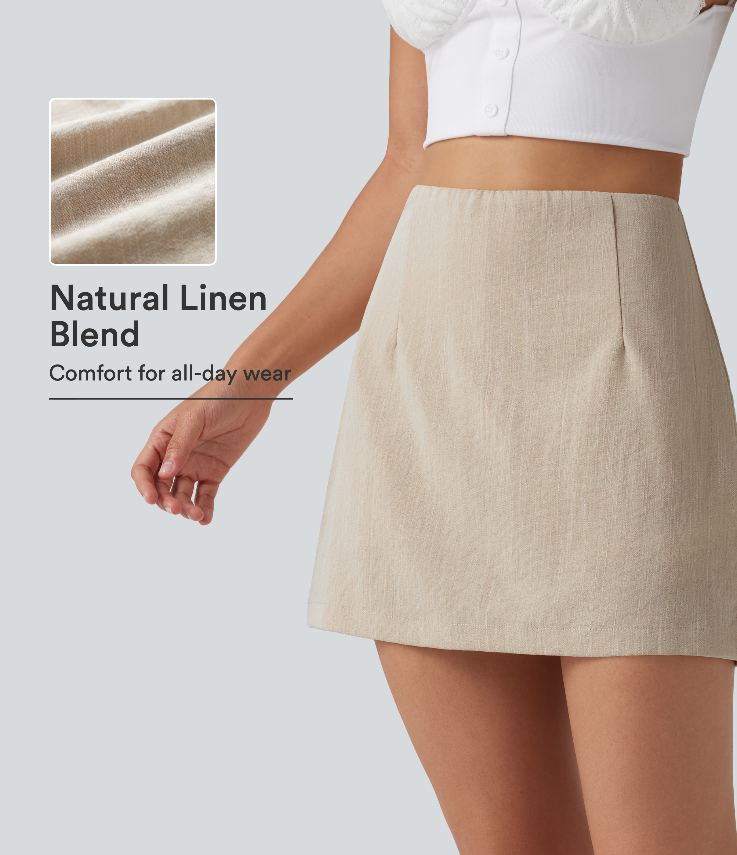High Waisted 2-in-1 A Line Mini Casual Linen-Feel Skirt