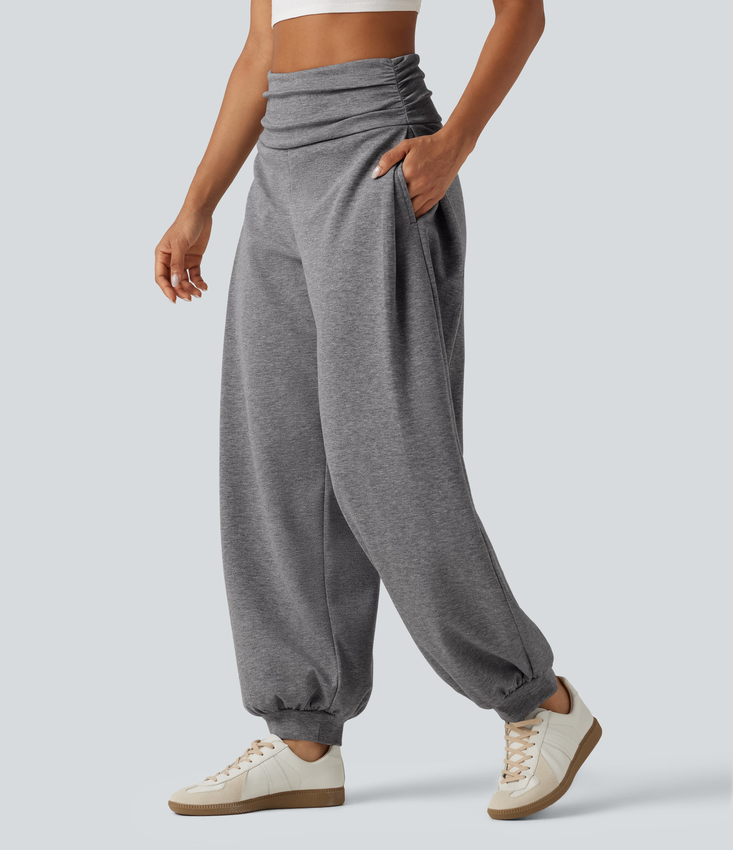 Joggers décontractés taille haute à effet ballon froncé, avec poches
