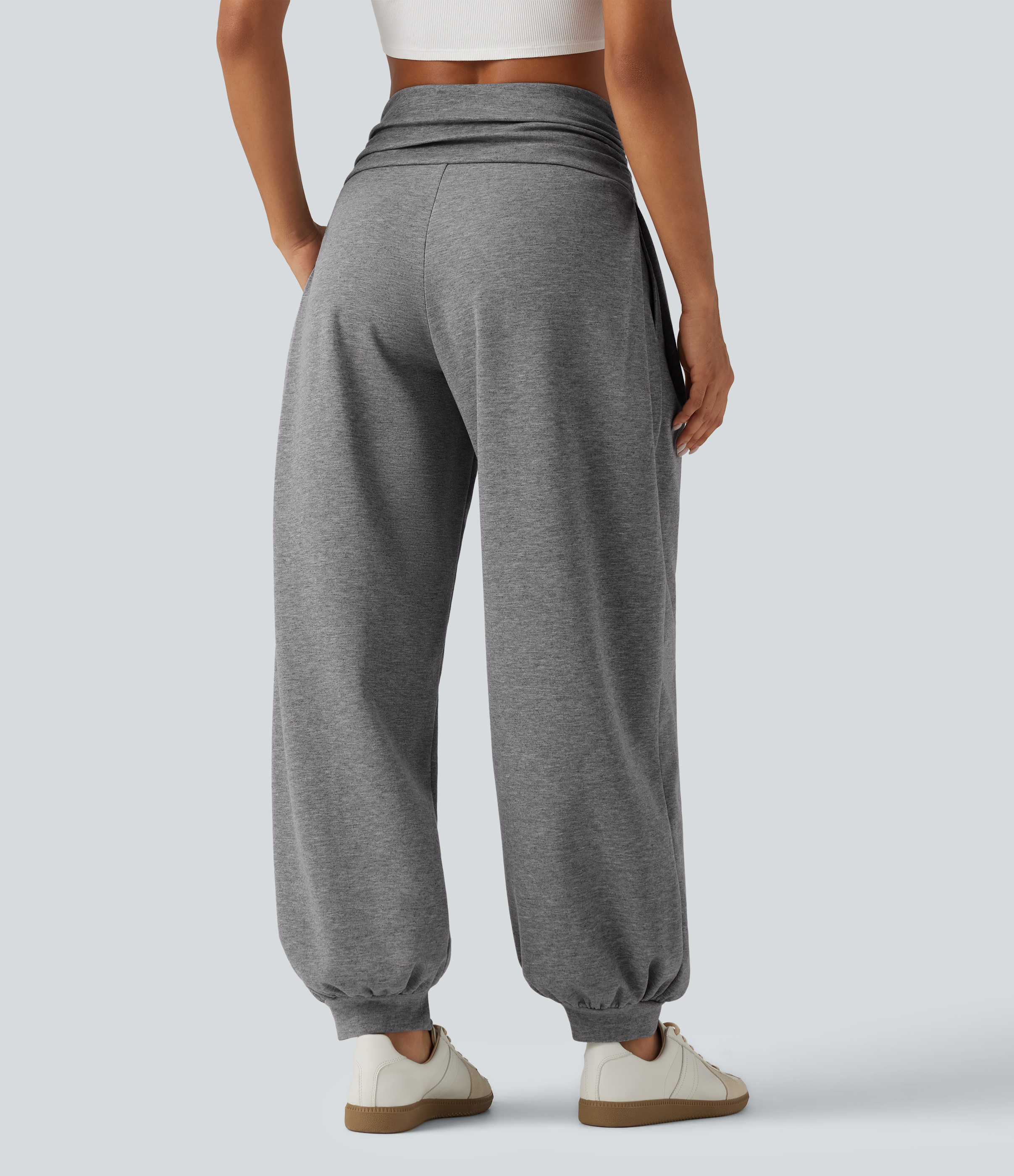 Mottled Grey HIgh Waisted Ruched Balloon Casual Joggers with Pockets / 2