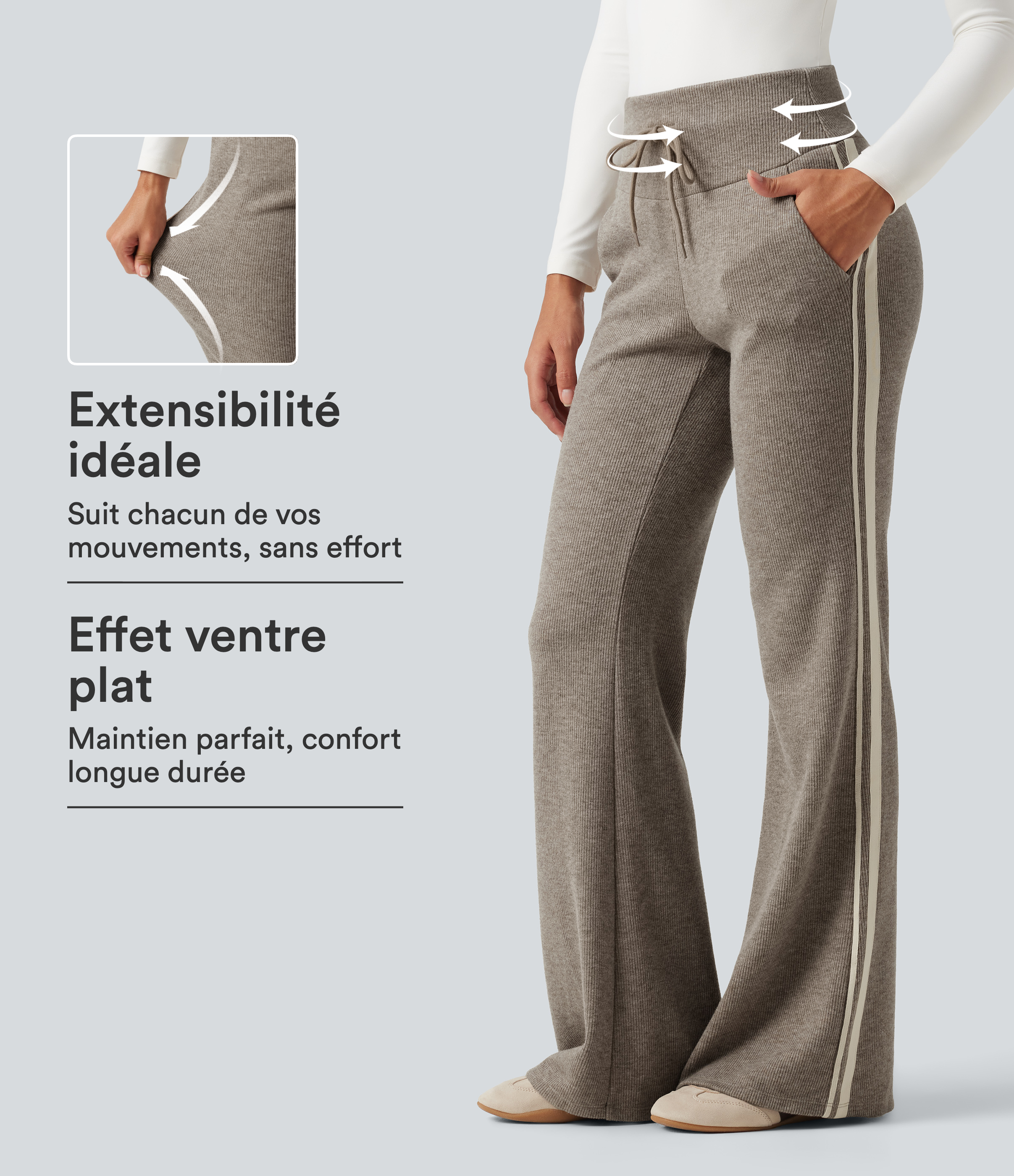 Pantalon flare côtelé taille haute gainant avec cordon de serrage, bandes latérales et poches