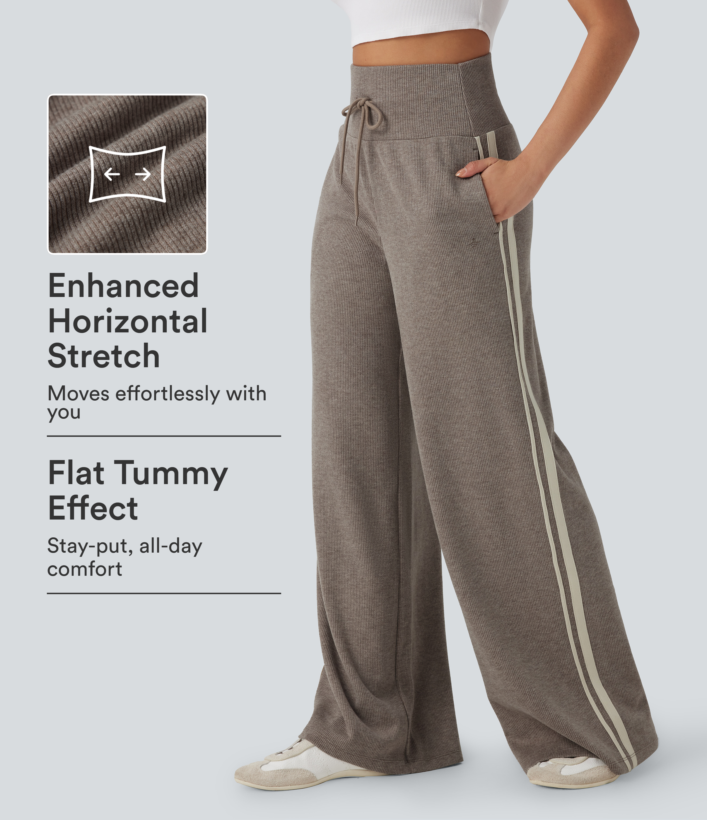 Ribbed High Waisted Tummy Control Drawstring Side Stripe Baggy Casual Pants with Pockets
