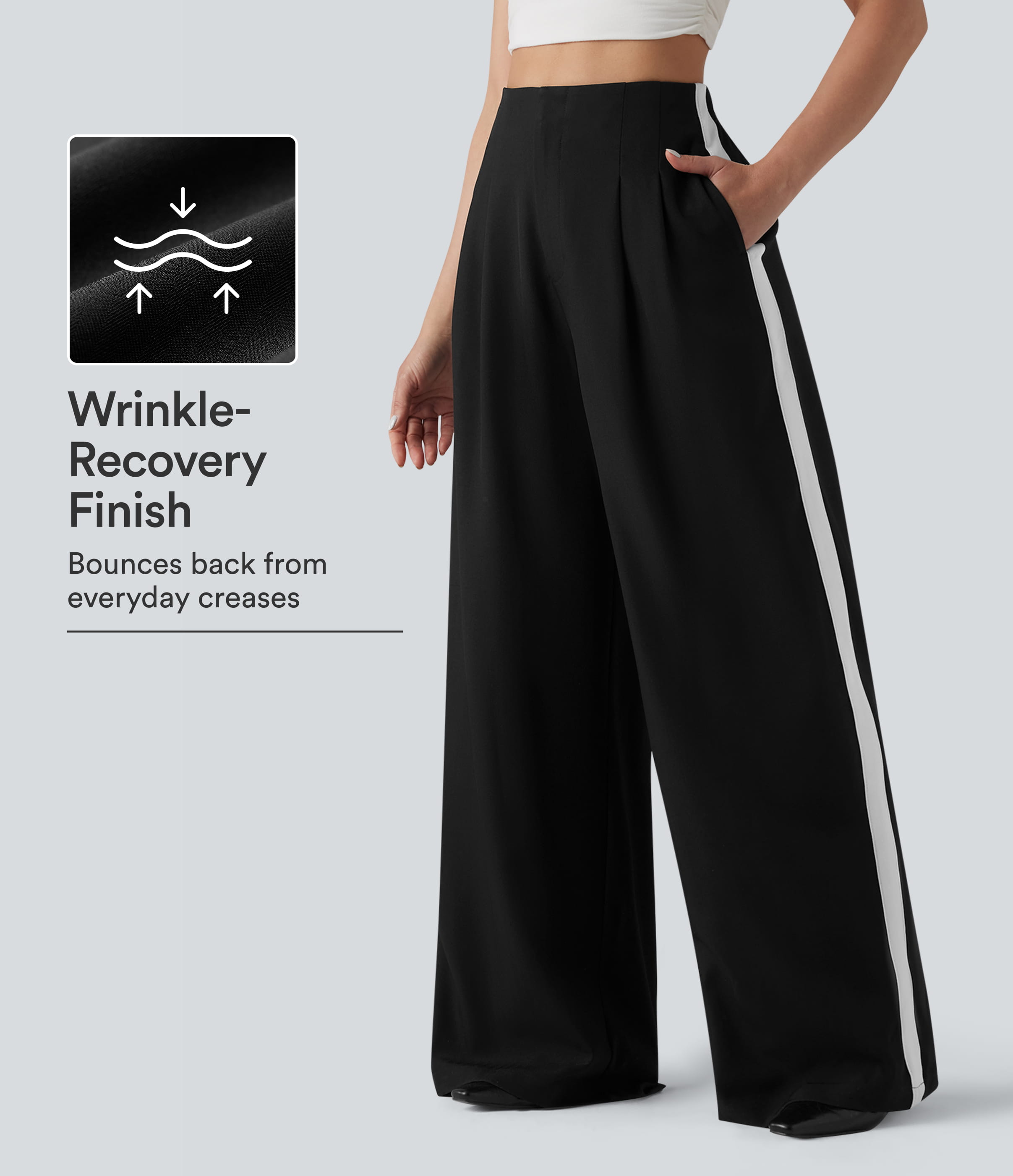 Wrinkle Recovery High Waisted Baggy Color Block Casual Linen-Feel Pants with Pockets