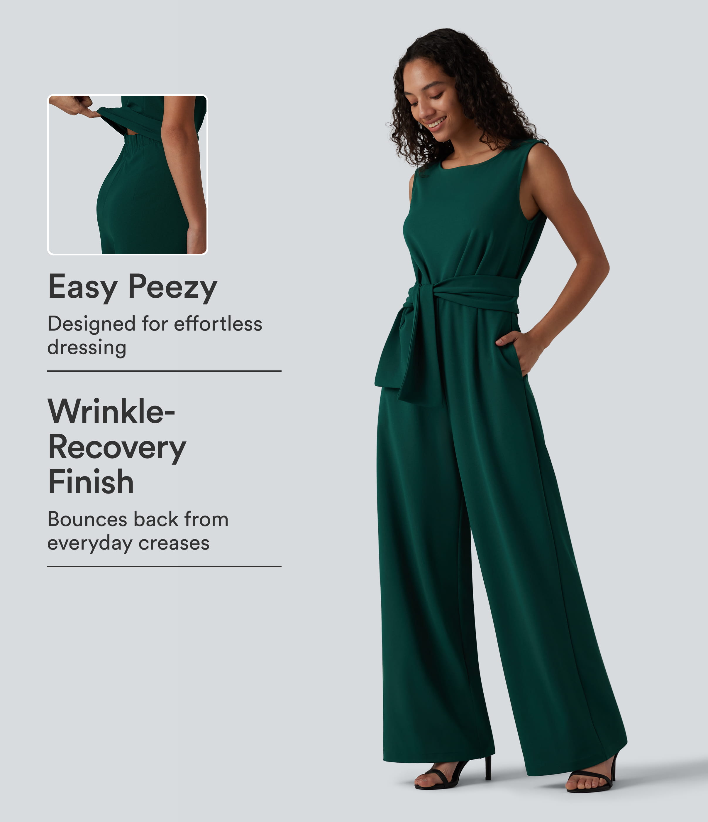 Wrinkle Recovery Boat Neck Sleeveless Tie-side Work Jumpsuit with Pockets-Easy Peezy