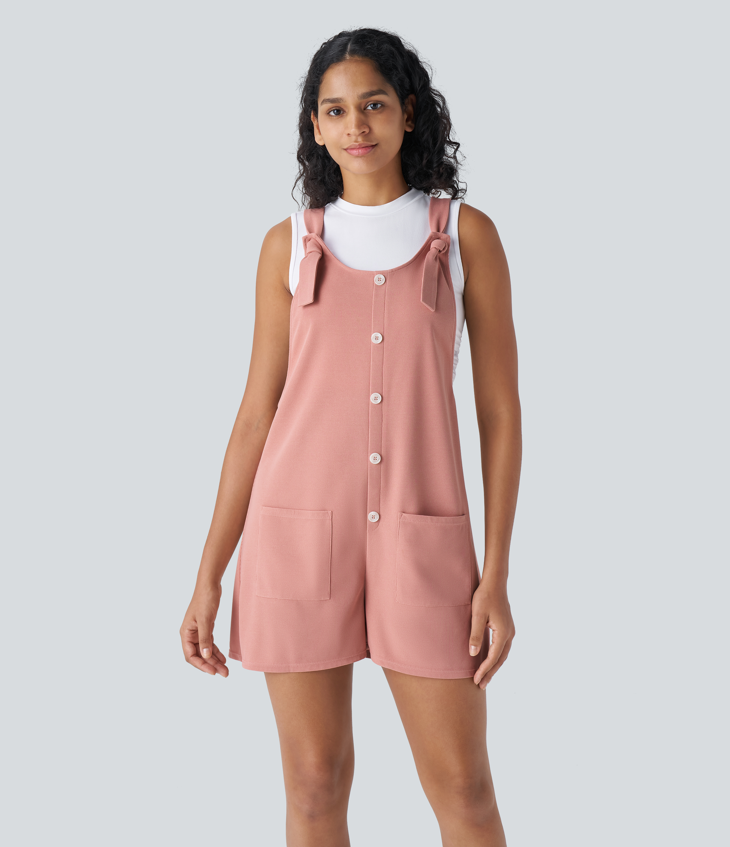 Knot Strap Decorative Pockets Waffle Short Overalls