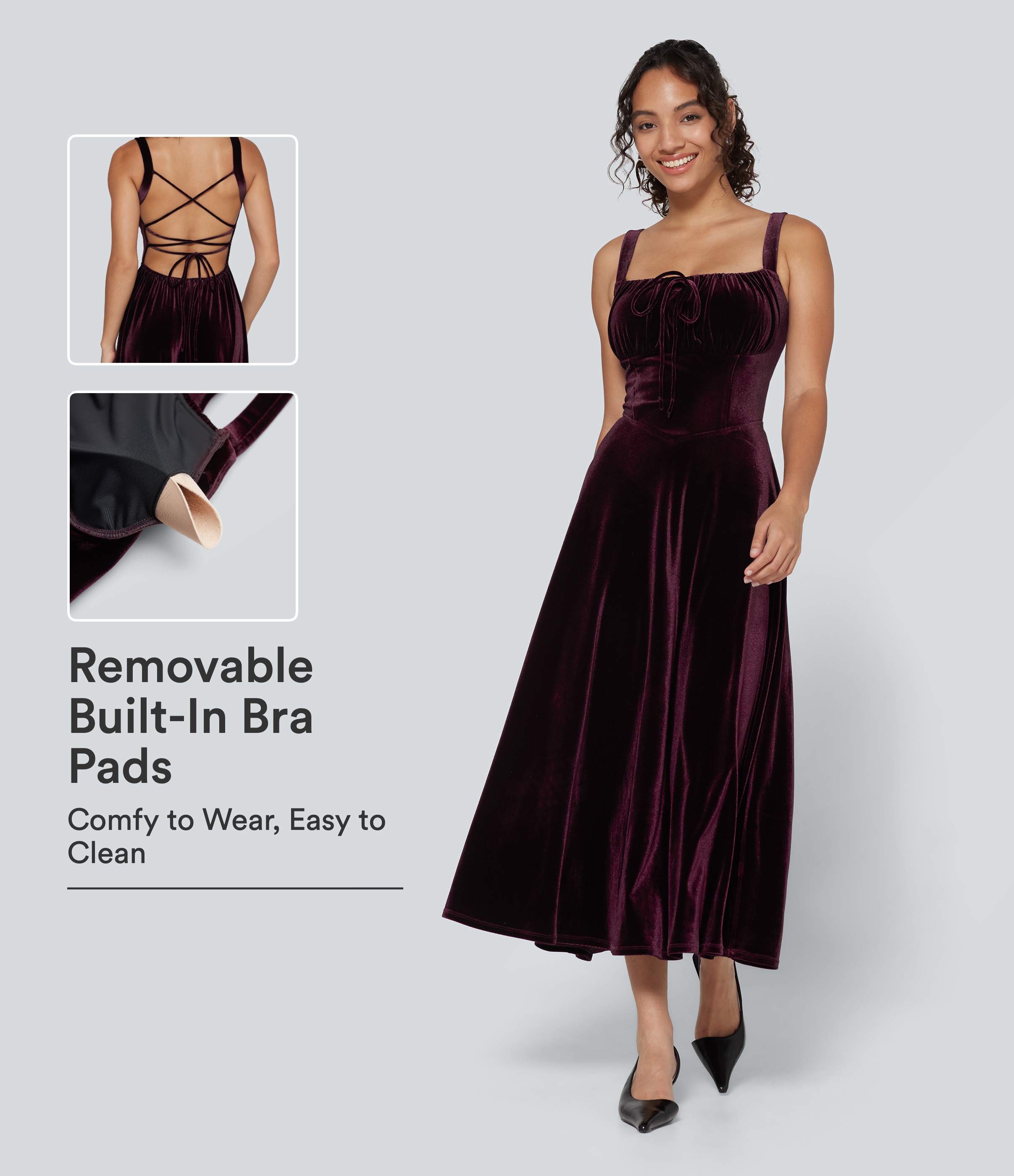 Square Neck Lace Up Ruched Built-in Bra Corset Velvet Midi Casual Milkmaid Dress