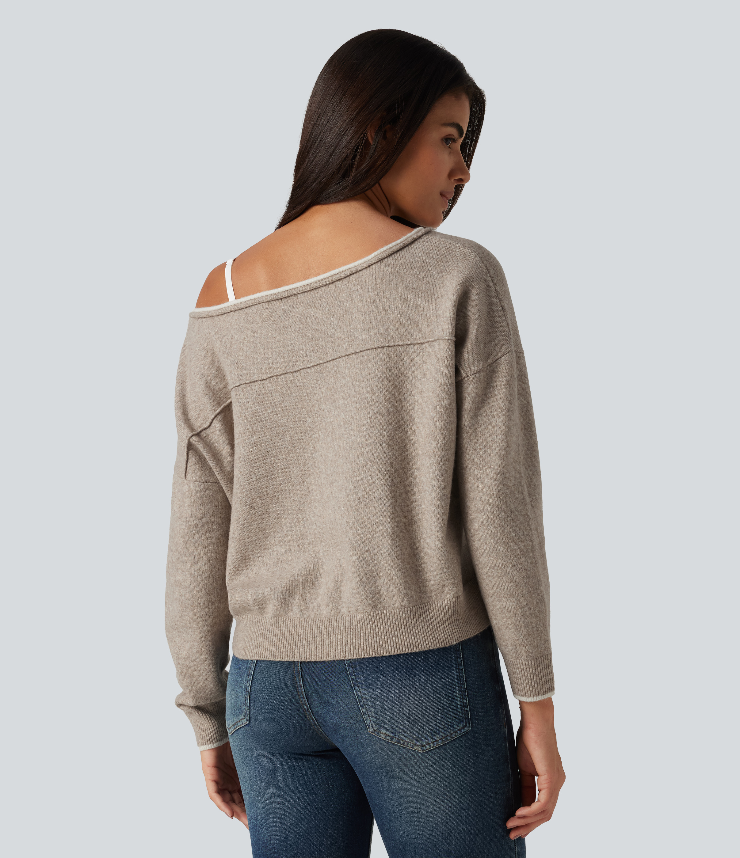 Oatstone Beige One Shoulder Long Sleeve Casual Sweater / 2