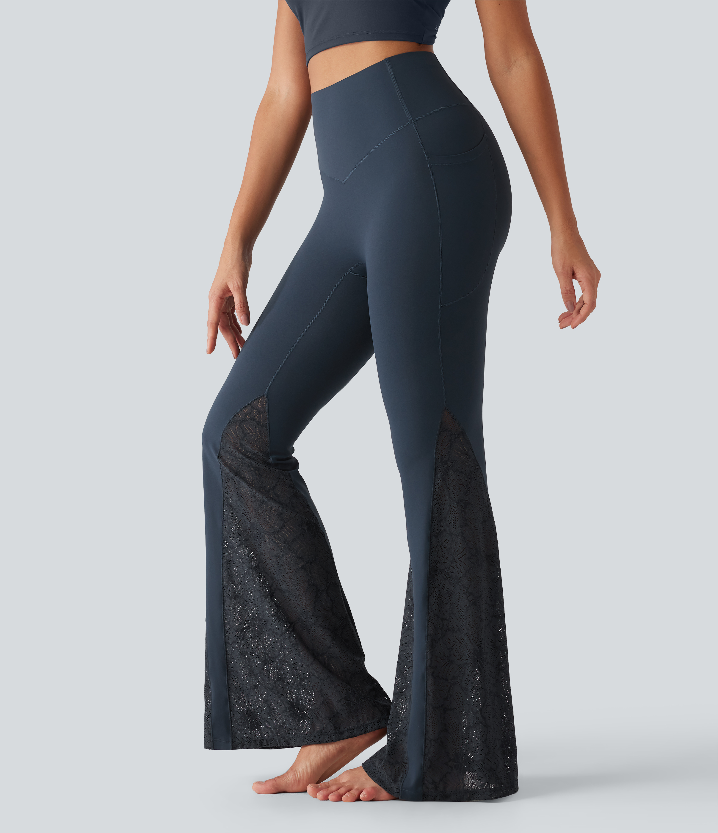 Halara UltraSculpt™ High Waisted Tummy Control Contrast Lace Yoga Flare Leggings with Pockets