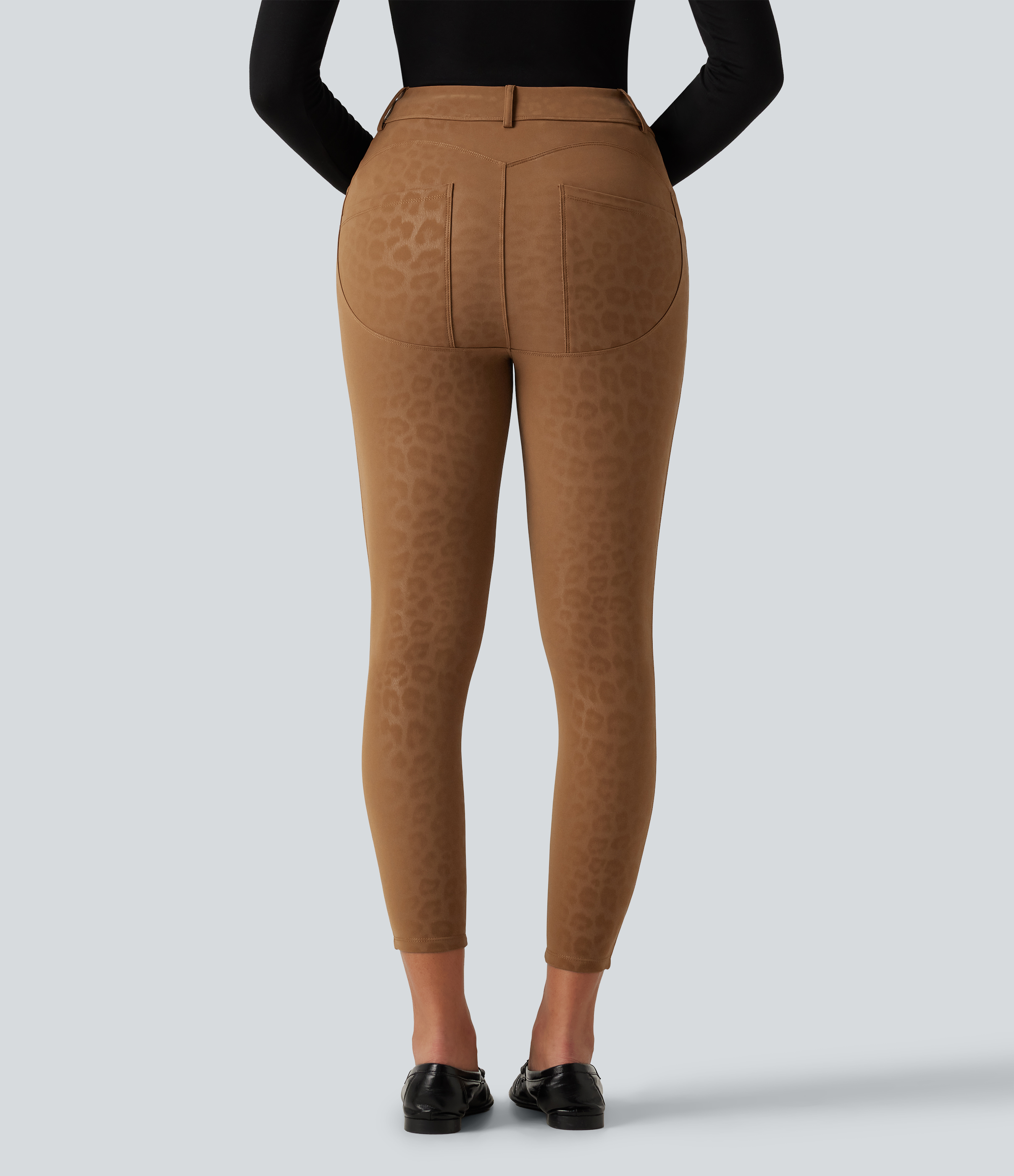 High Waisted Stretchy PU Leopard Print Fleece Casual Leggings with Pockets