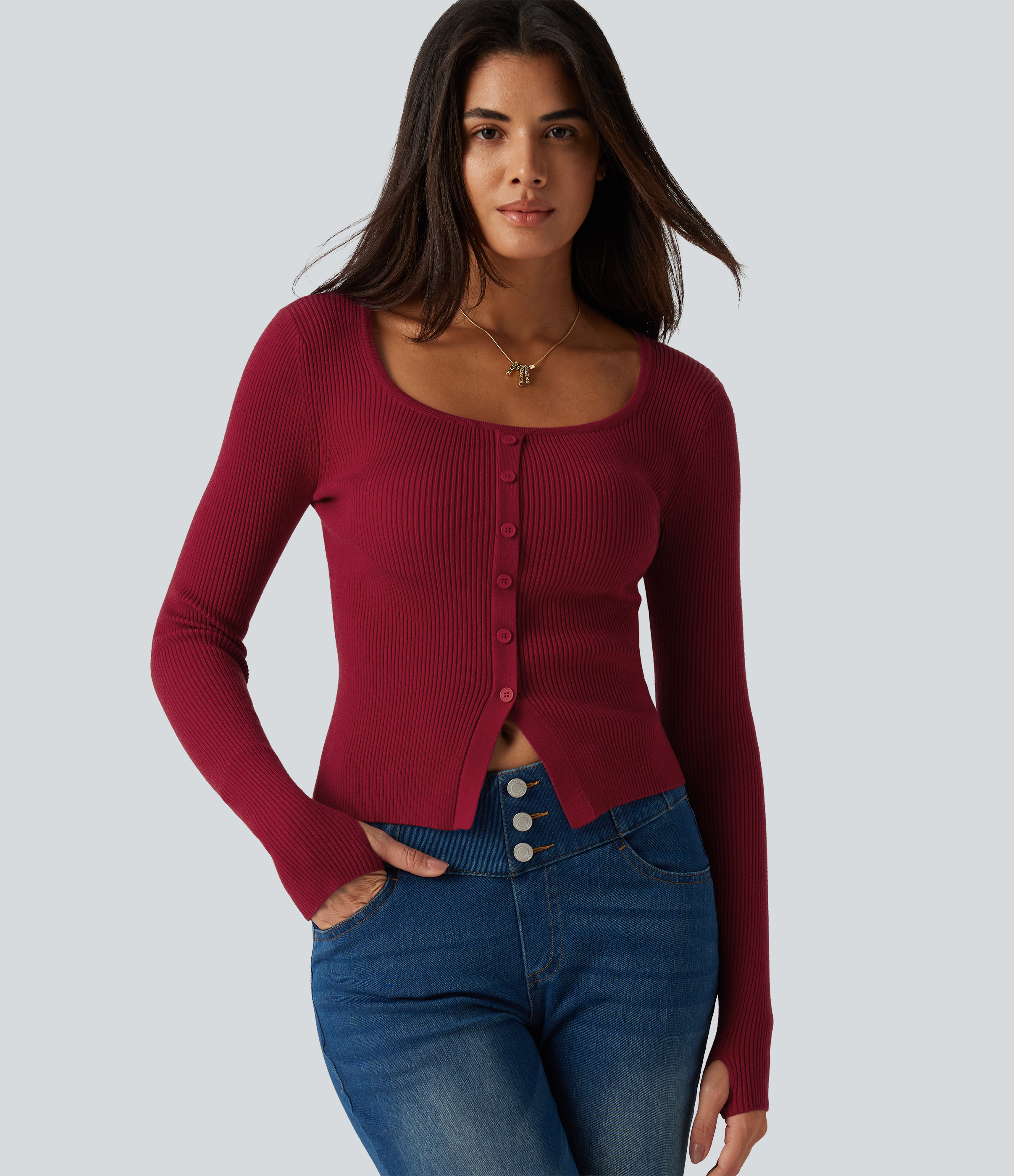 Square Neck Long Sleeve Thumb Hole Casual Sweater