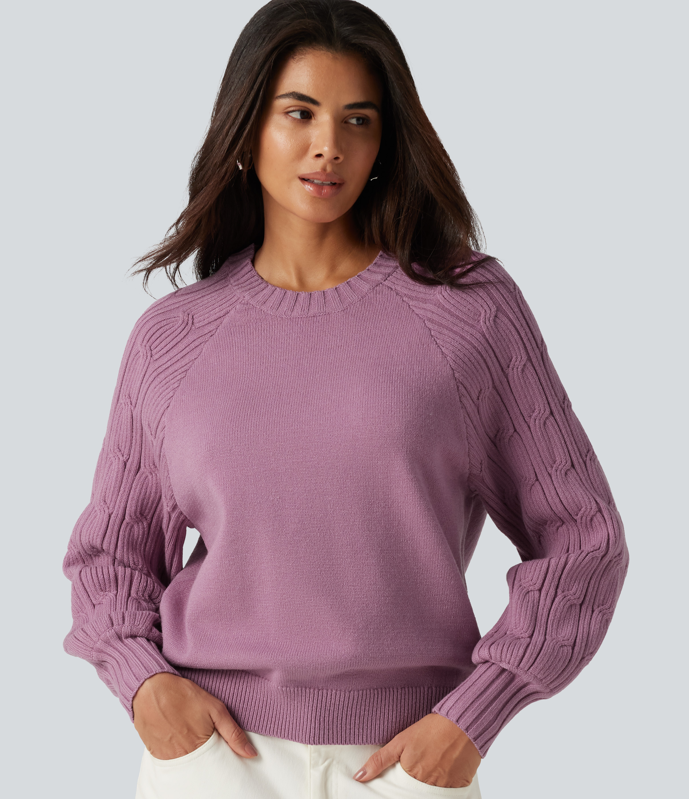 Round Neck Long Sleeve Slit Hem Casual Sweater