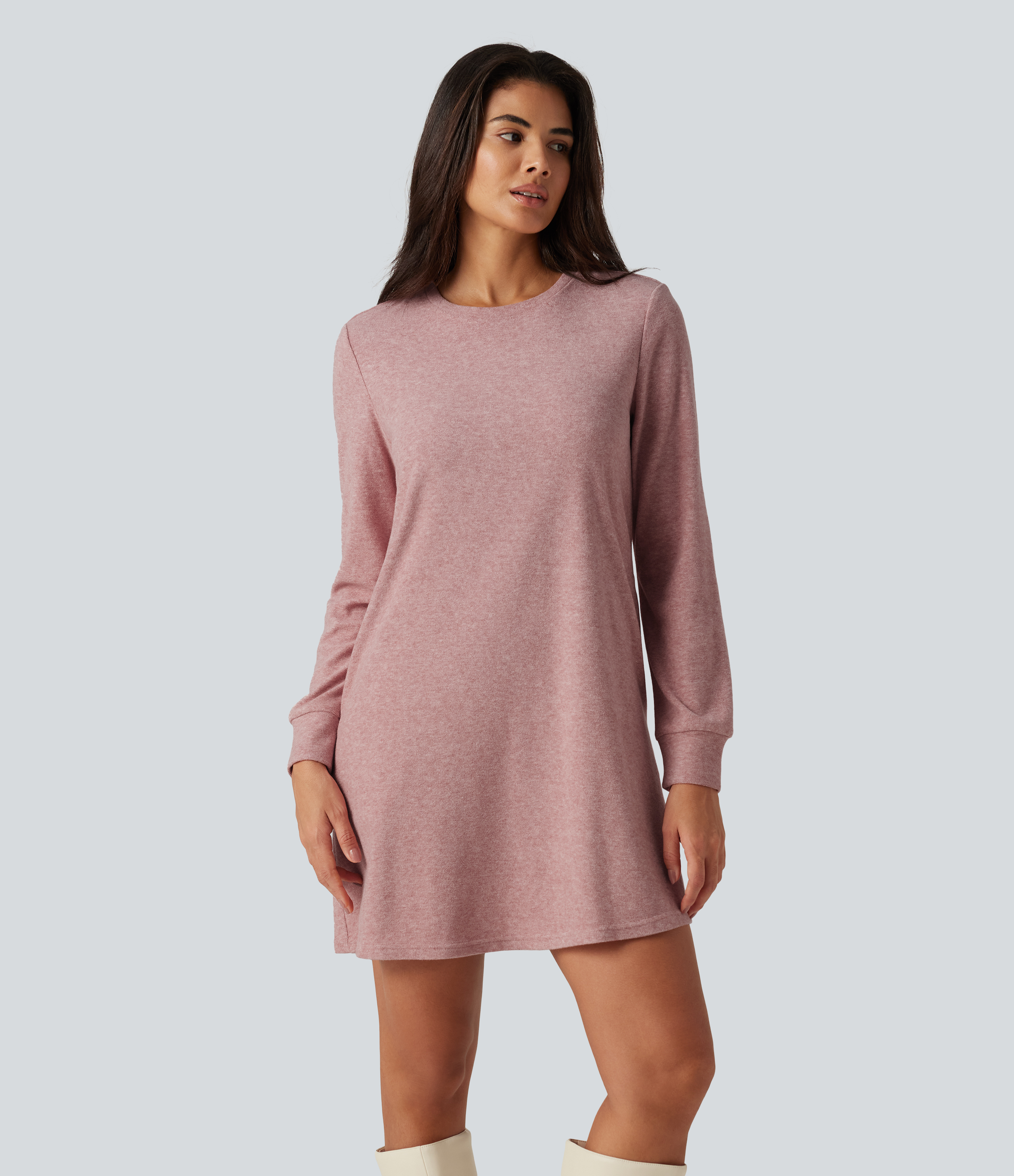 Robe courte de travail à col rond et manches longues, avec poches