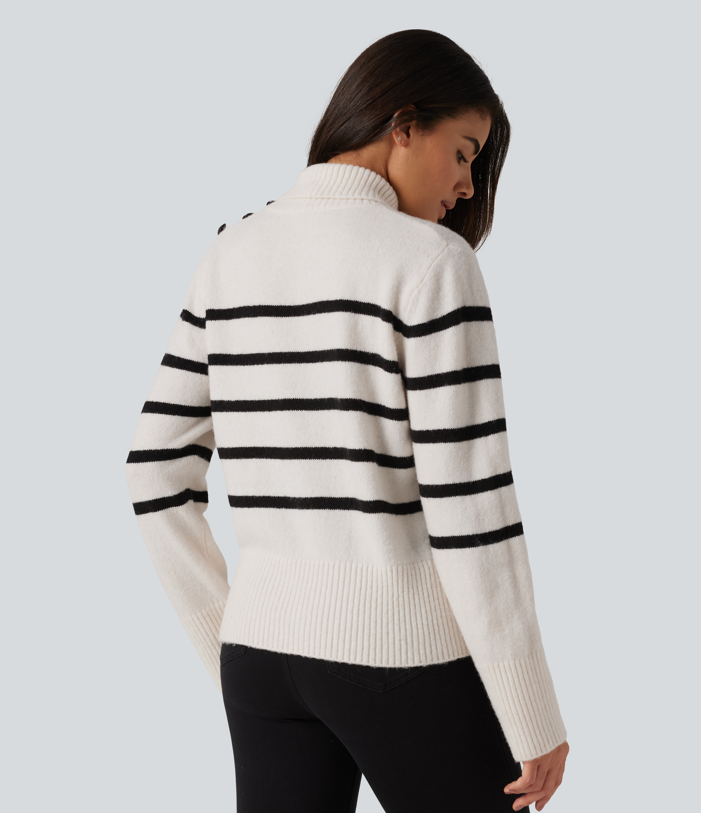 White Black Horizontal Stripe High Neck Long Sleeve Stripe Work Sweater / 2