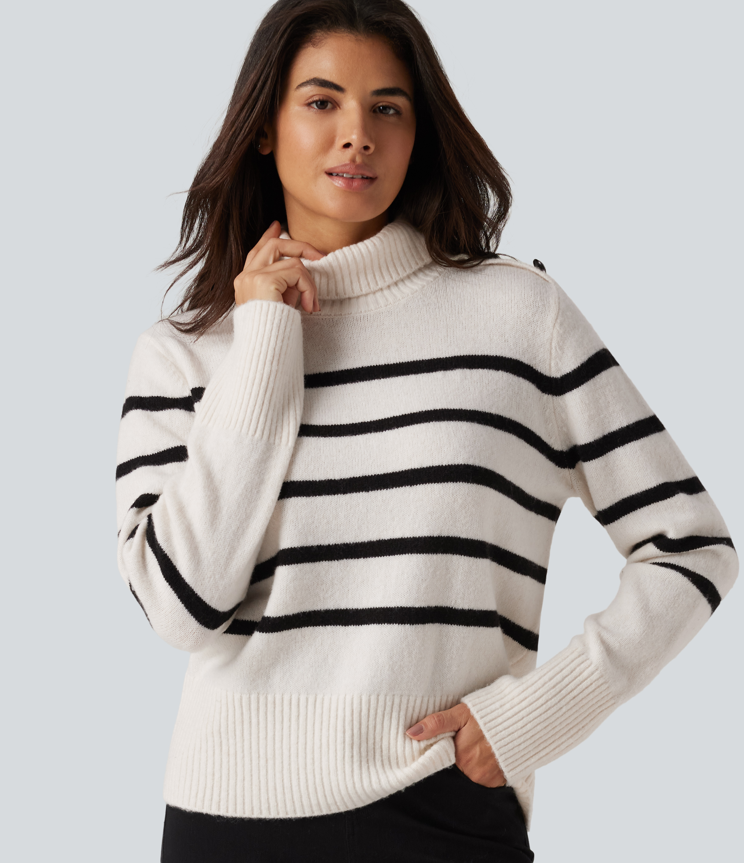High Neck Long Sleeve Stripe Work Sweater