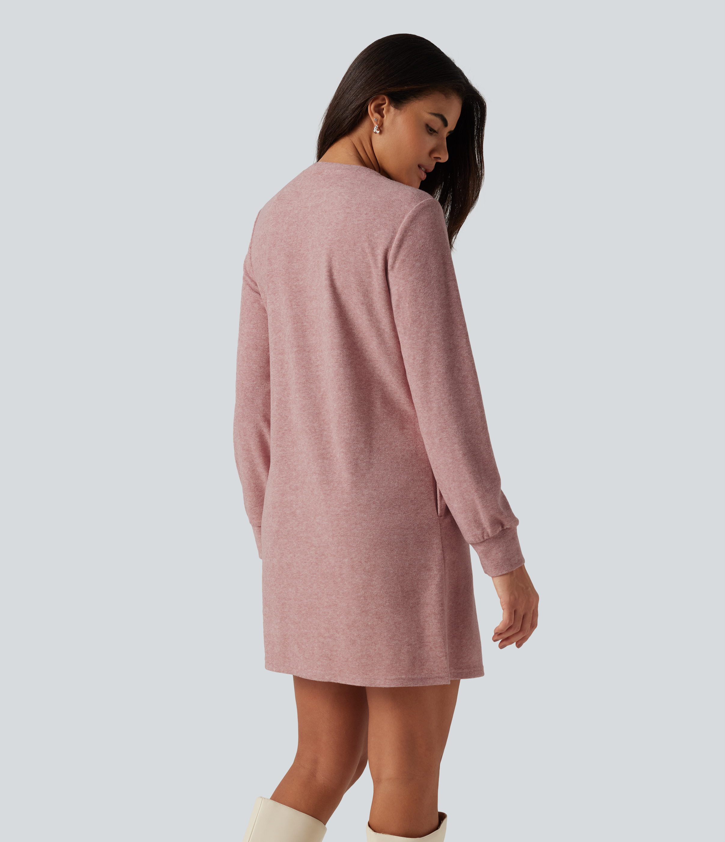 Mottled Begonia Round Neck Long Sleeve Mini Work Dress with Pockets / 2