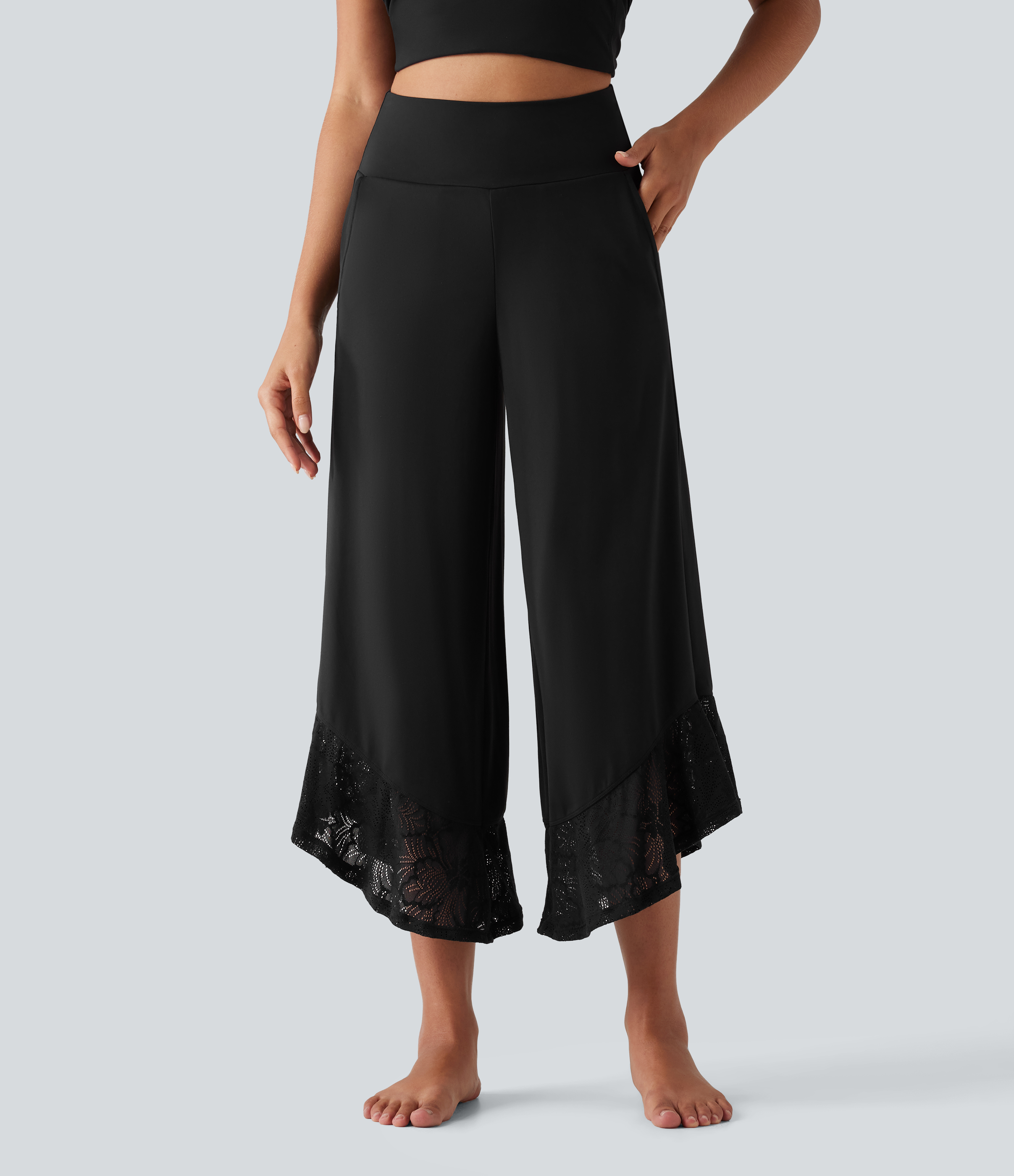 SoftlyZero™ High Waisted Contrast Lace Curved Hem Wide Leg Yoga Pants with Pockets-UPF50+