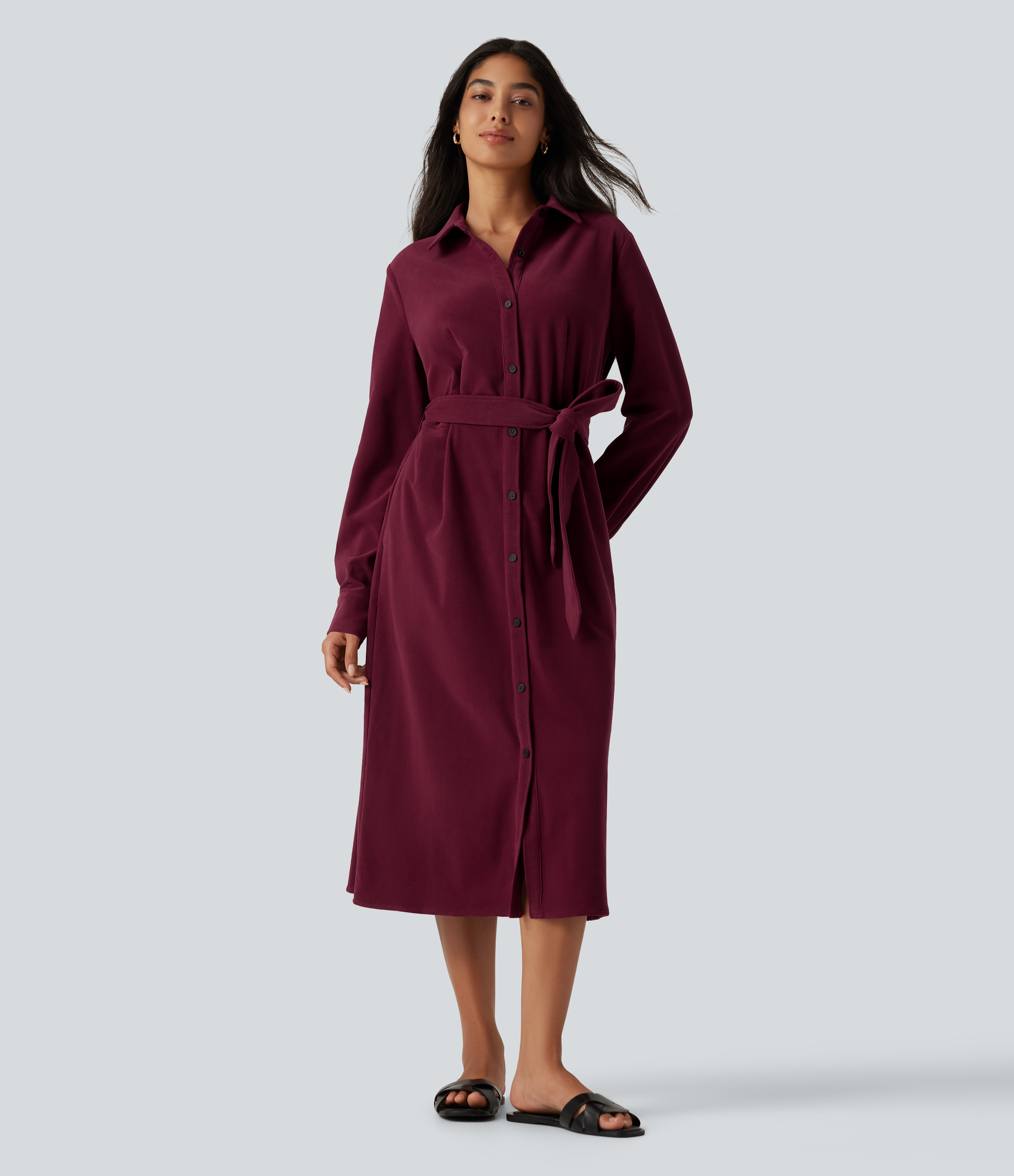 Long Sleeve Belted Casual Midi Shirt Dress with Pockets