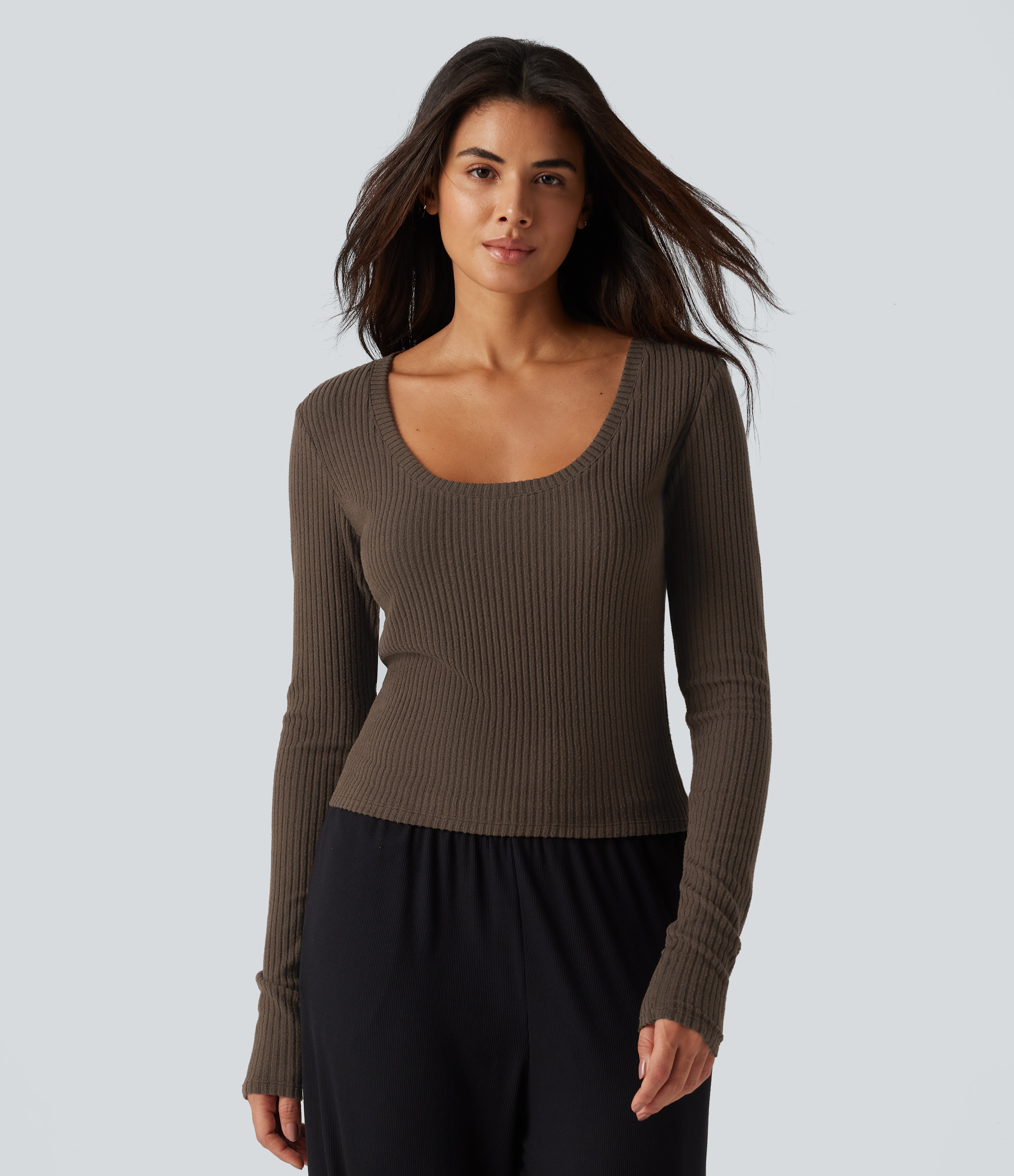 Ribbed Knit U Neck Long Sleeve Lounging Top