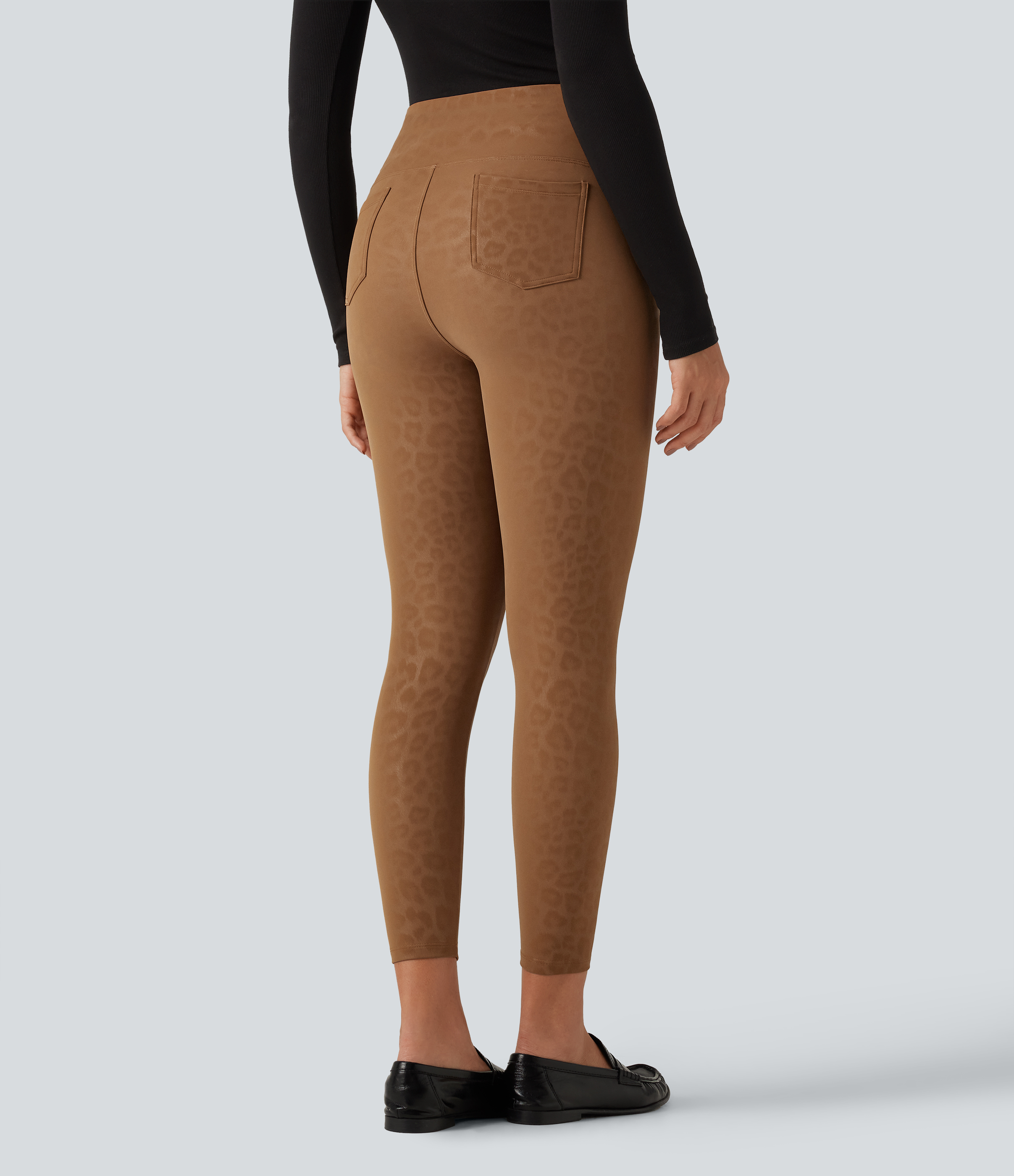 Bronzed Tan High Waisted Tummy Control Stretchy PU Leopard Print Fleece Casual Leggings with Pockets / 2