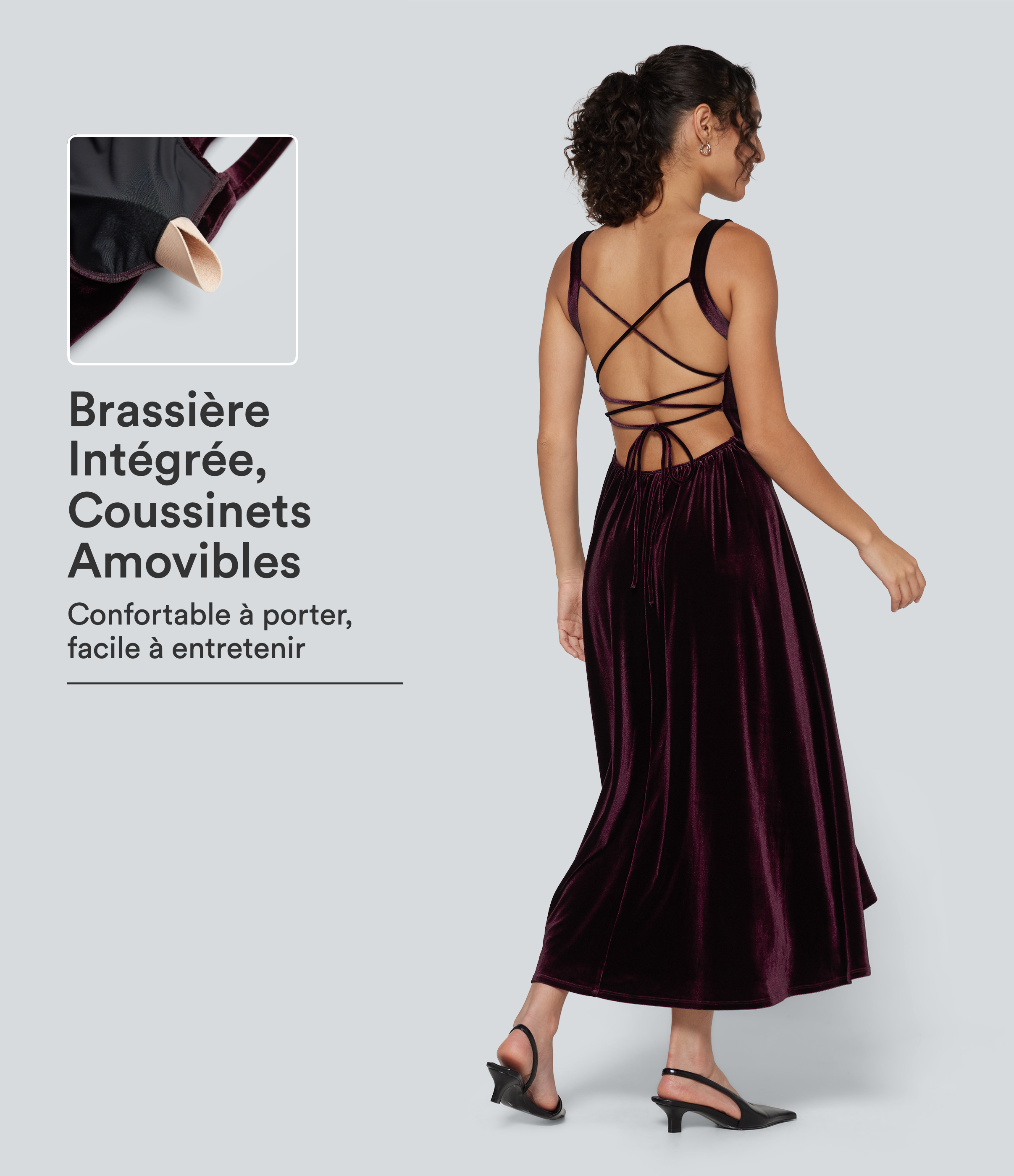 Robe midi en velours à encolure carrée, style corset, laçage et fronces, avec coussinets amovibles