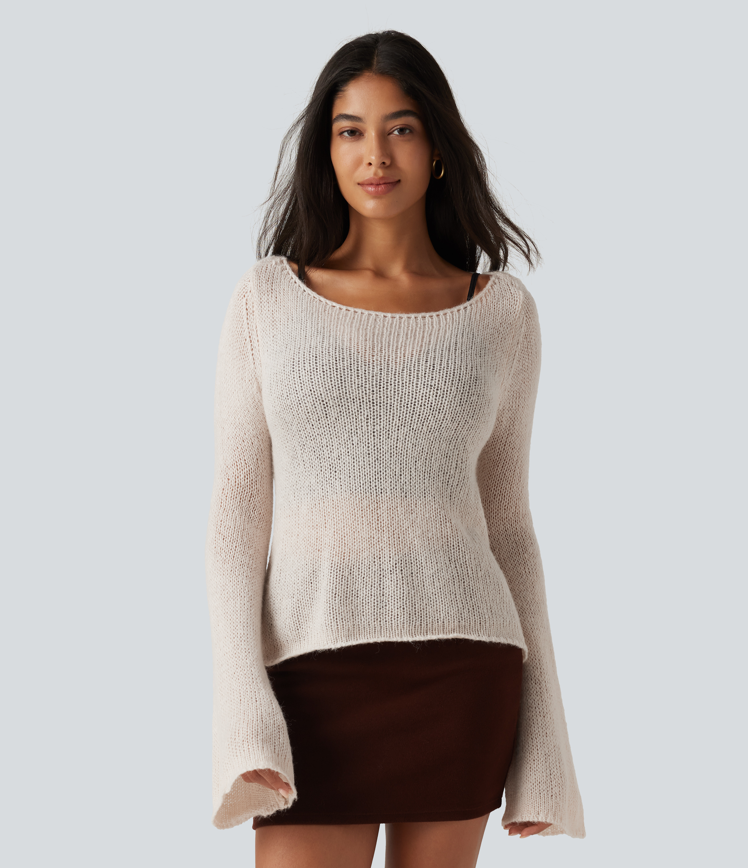 Boat Neck Flounce Long Sleeve Tie Back Casual Wool-Blend Sweater
