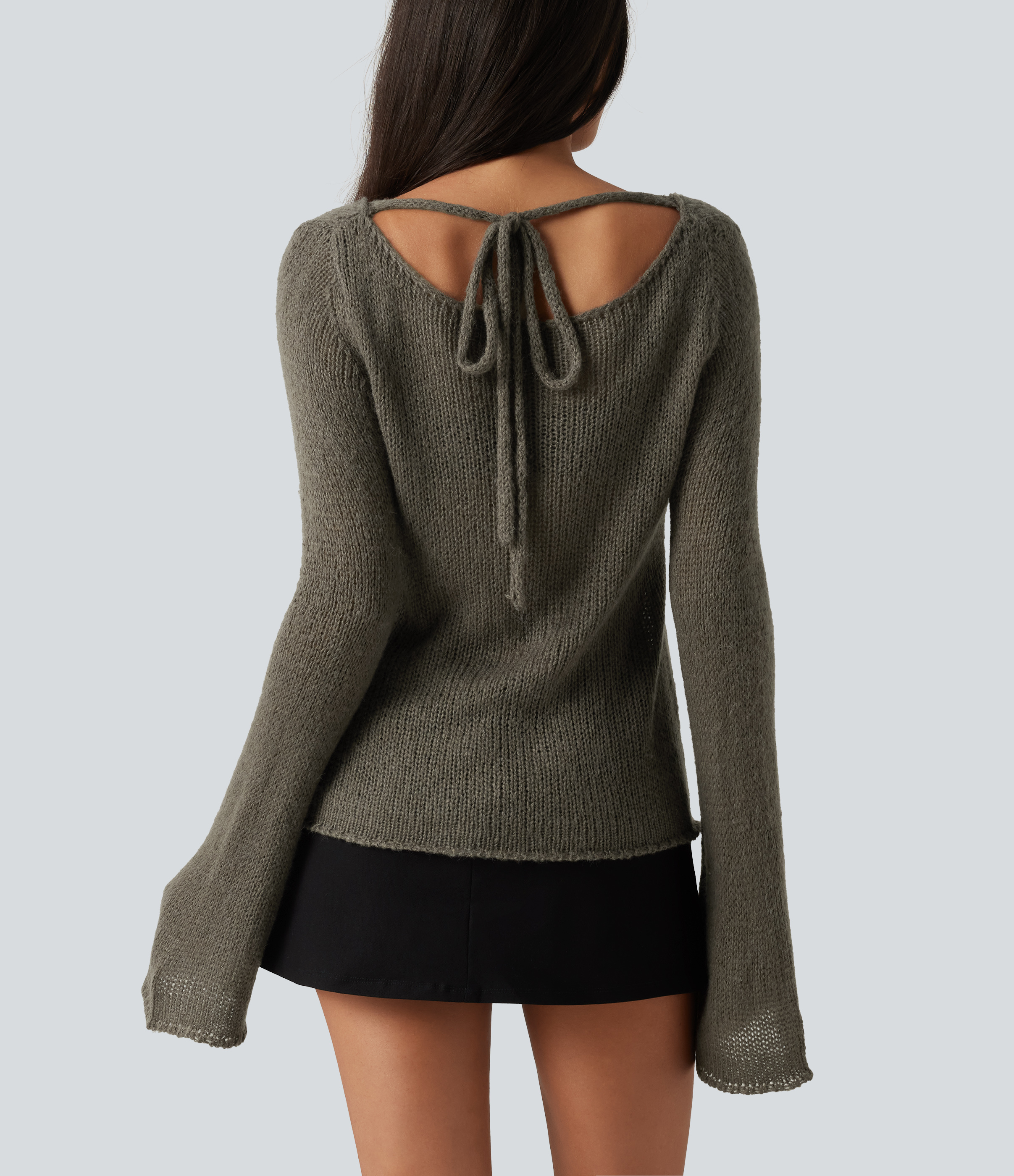 Pull en mélange de laine à encolure bateau, manches longues à volants et lien au dosPull en mélange de laine à encolure bateau, manches longues à volants et lien au dos