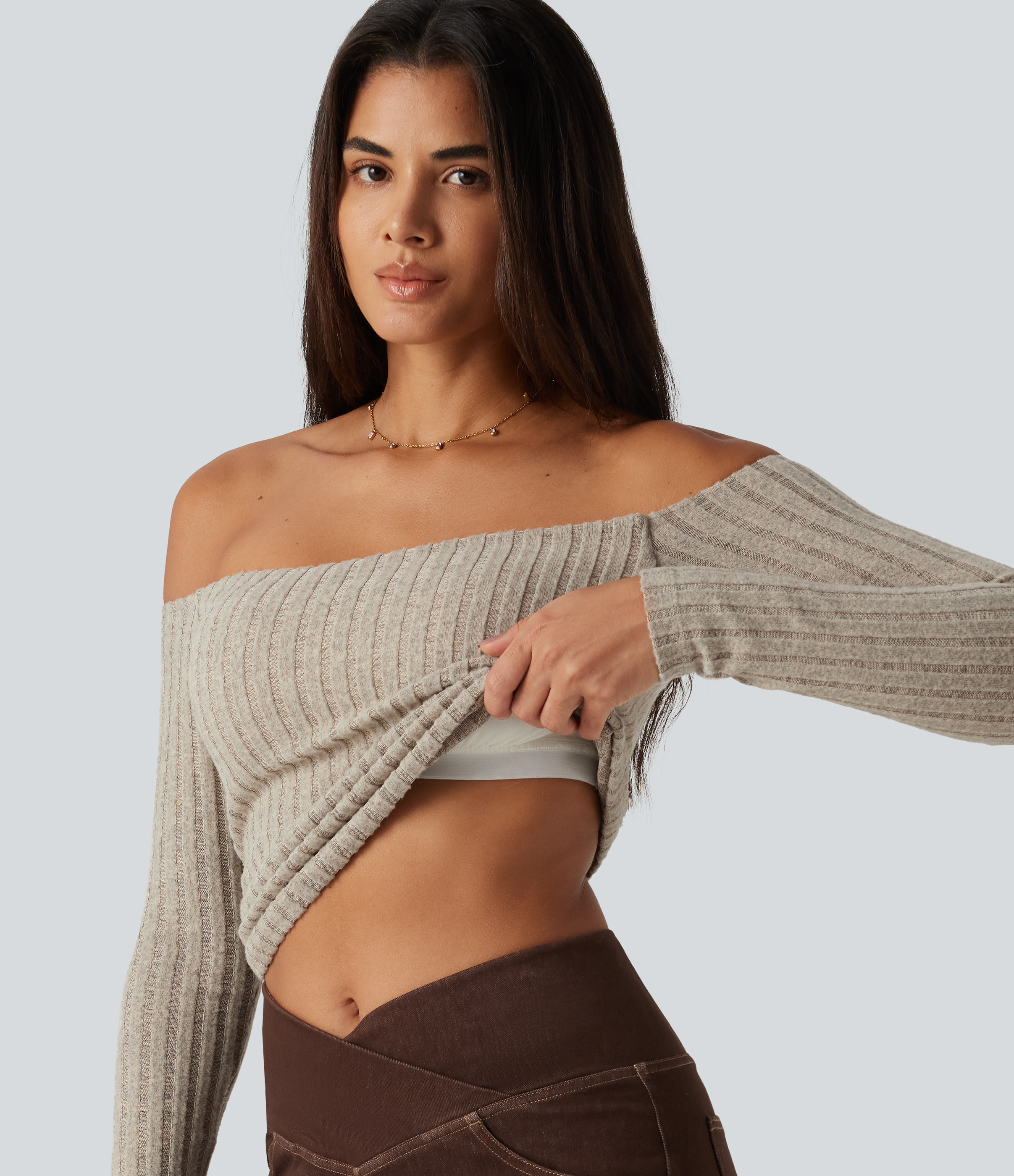 Ribbed Knit Off Shoulder Long Sleeve Built-in Bra Casual Top 