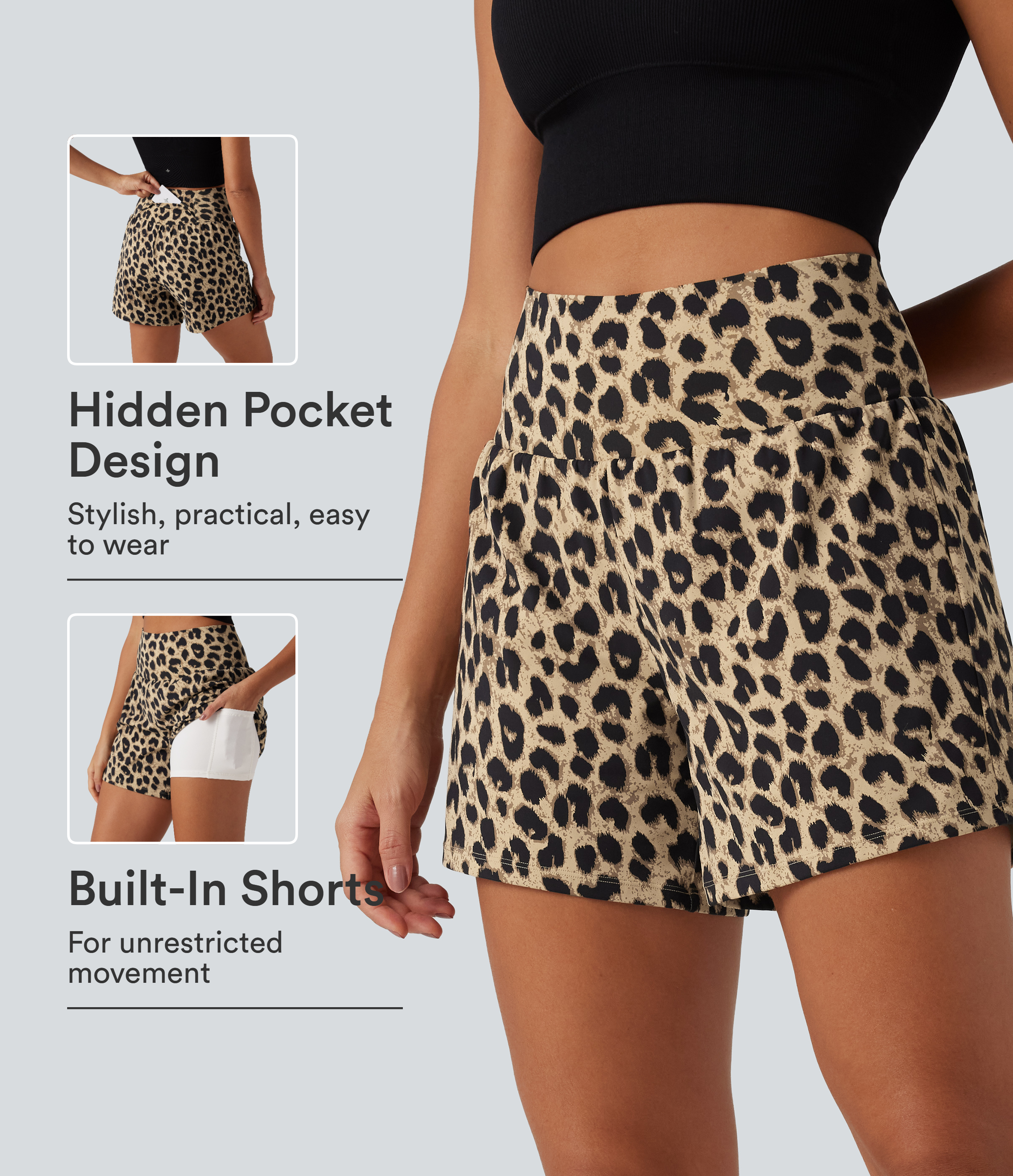 High Waisted 2-in-1 Leopard Print Yoga Shorts 5'' with Pockets