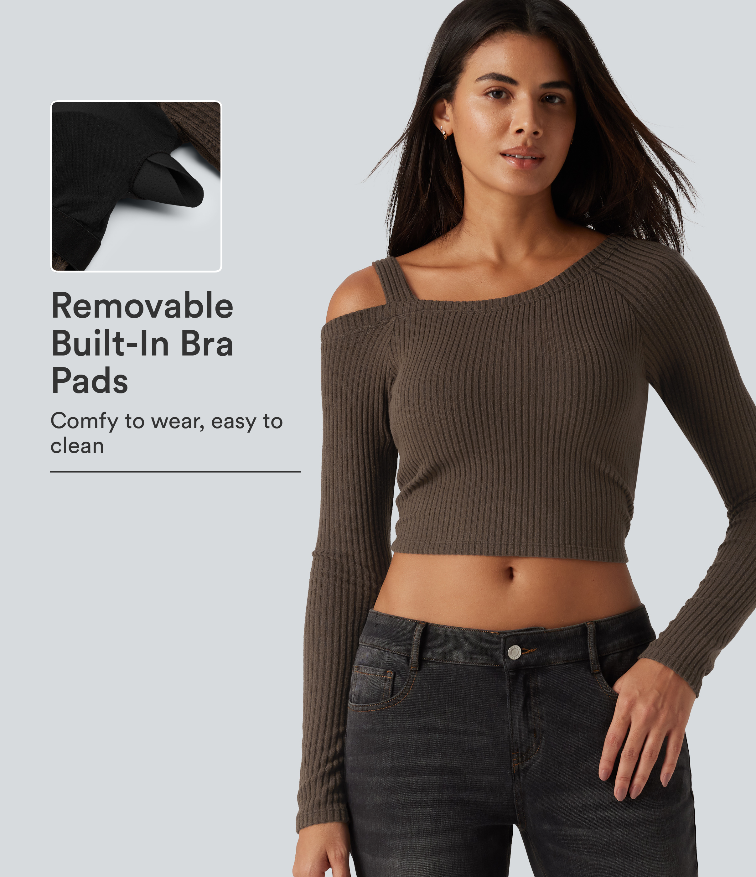 Ribbed Knit One Shoulder Built-in Bra Long Sleeve Cropped Casual Top