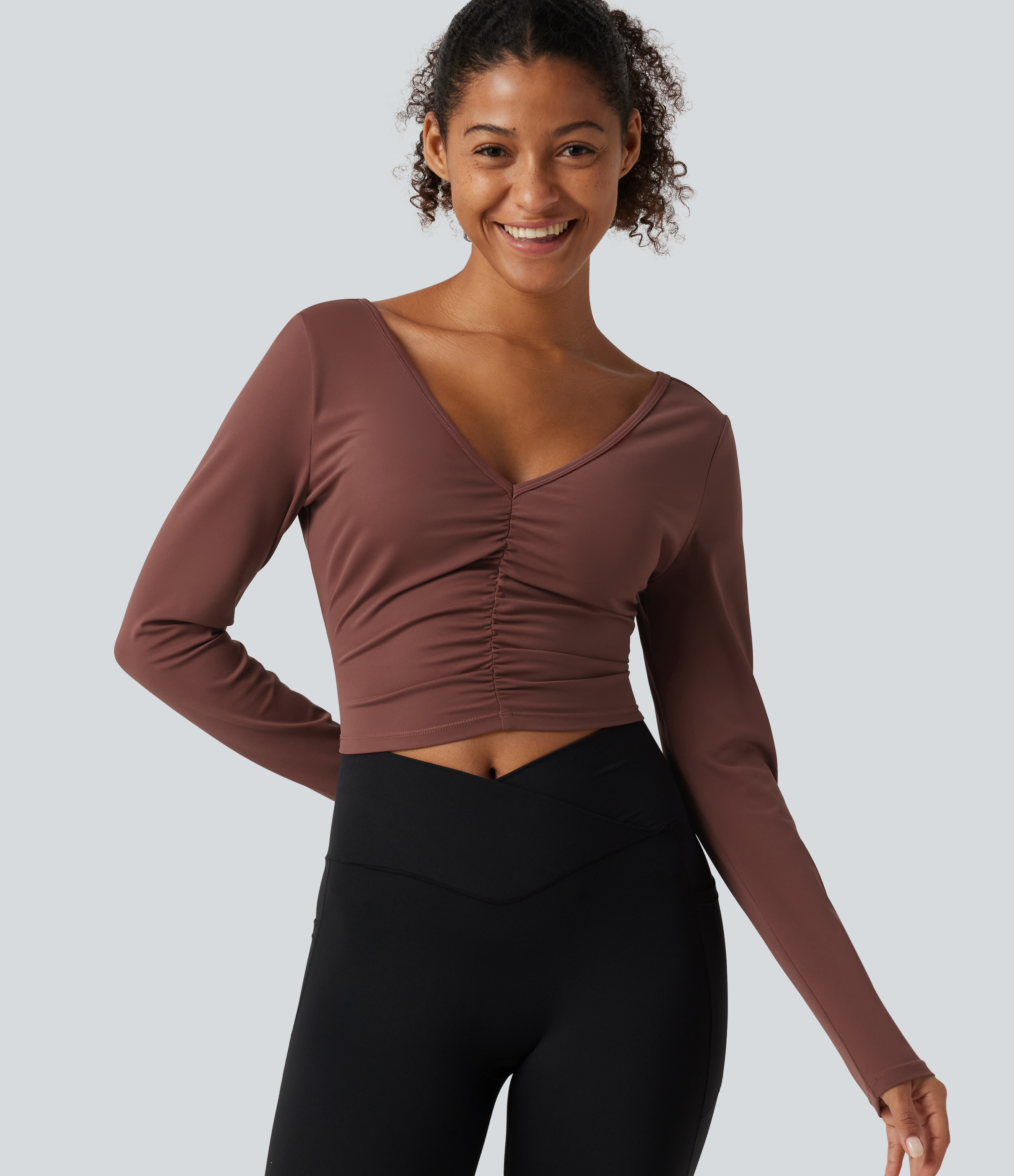 SoftlyZero™ Airy V Neck Ruched Long Sleeve Cut Out InstantCool Cropped Yoga Sports Top-UPF50+