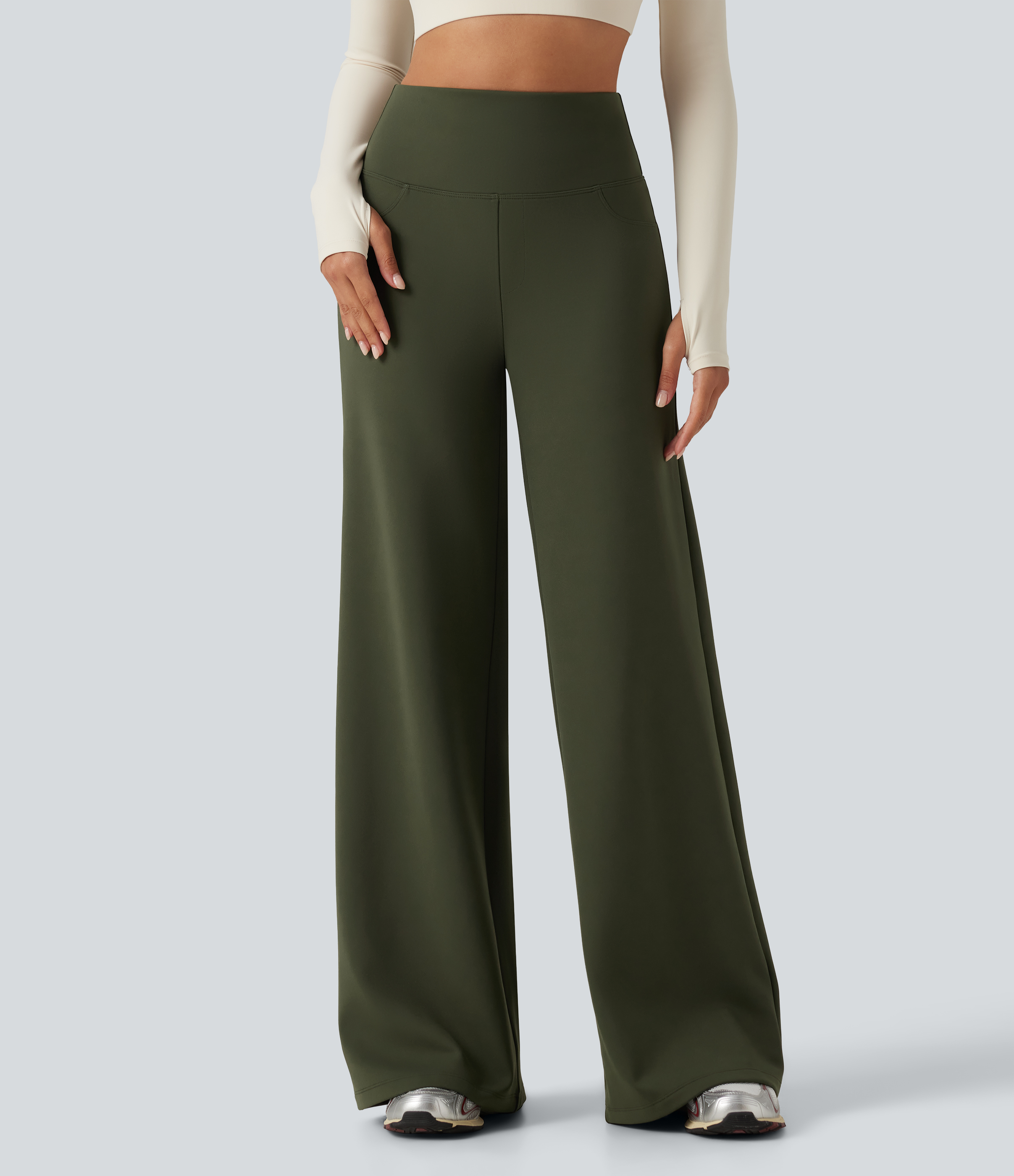 High Waisted Tummy Control Straight Leg Fleece Yoga Pants with Pockets