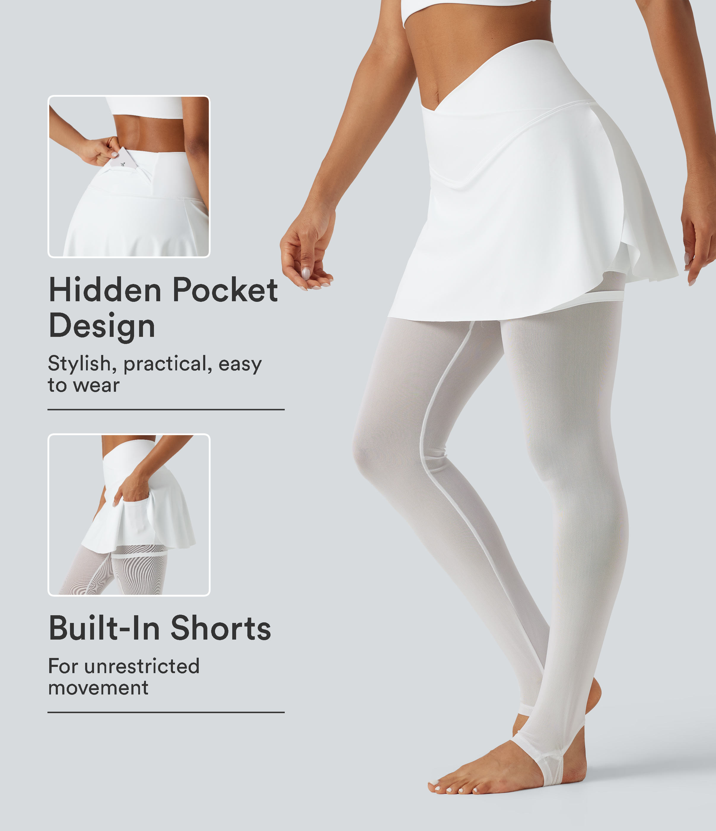 Softlyzero™ Airy High Waisted Crossover 2-in-1 Contrast Mesh InstantCool Workout Stirrup Skirted Leggings with Pockets-UPF50+