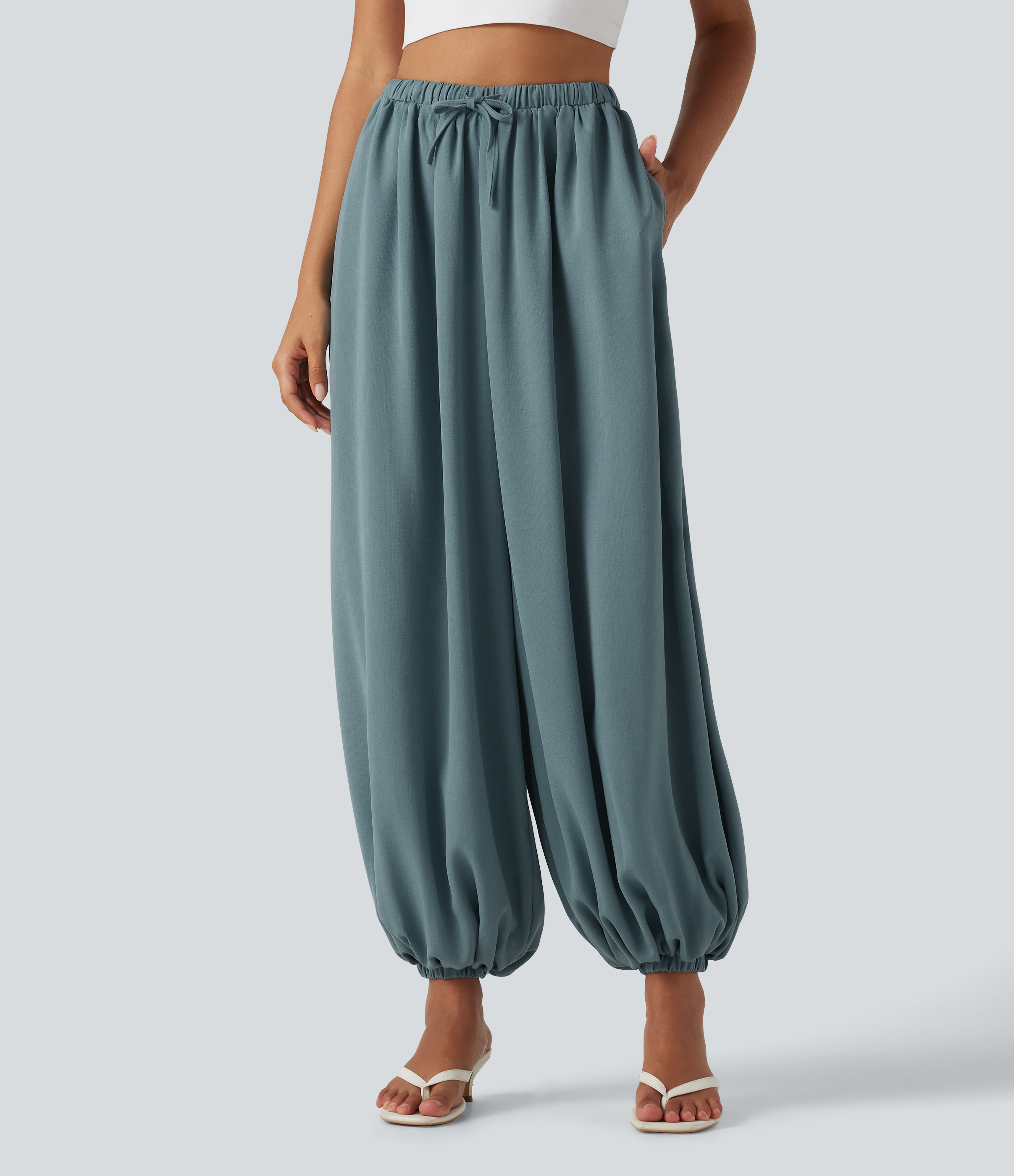 High Waisted Drawstring Casual Linen-Feel Joggers with Pockets