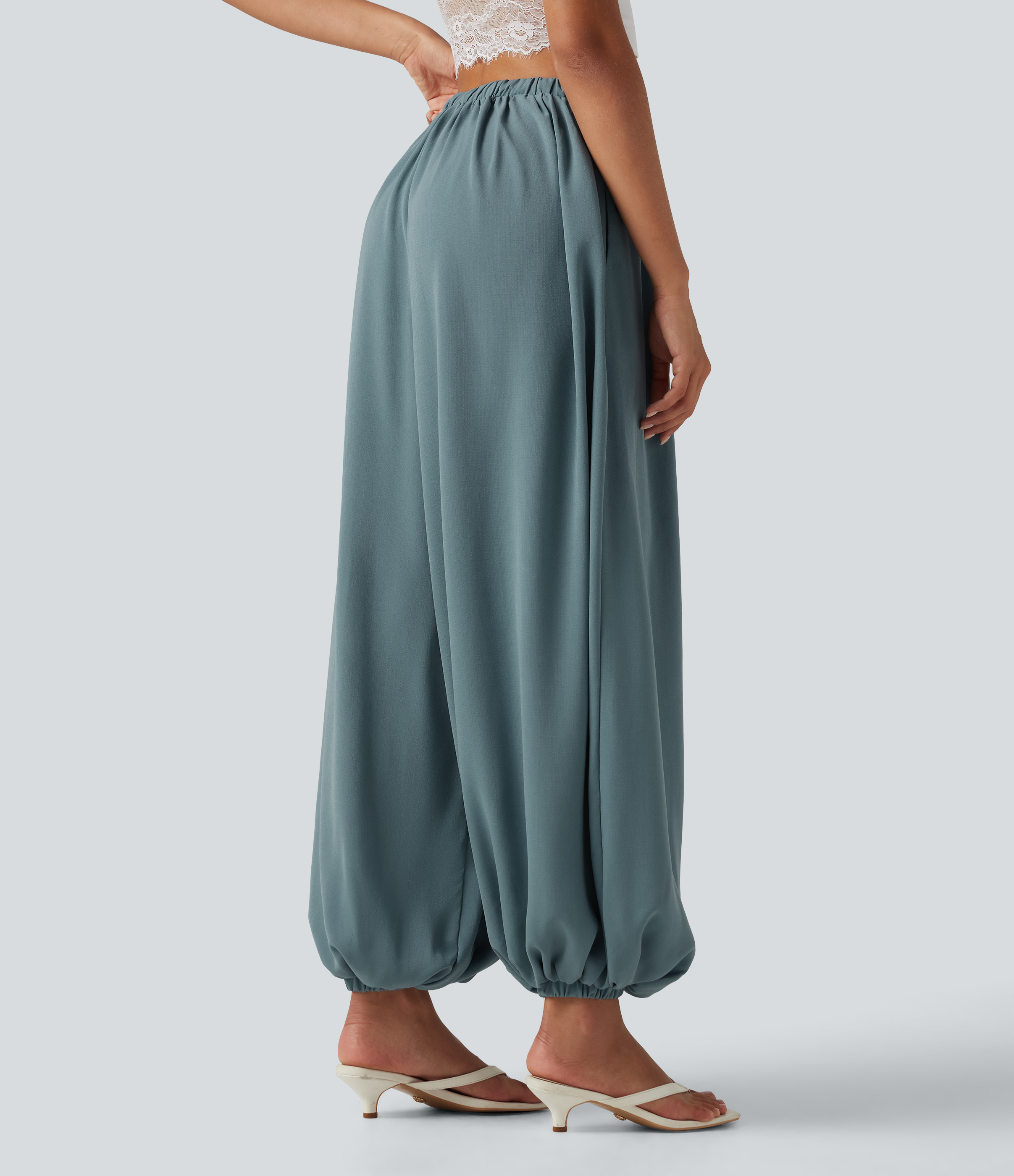 Morning Dew Green High Waisted Drawstring Casual Linen-Feel Joggers with Pockets / 2