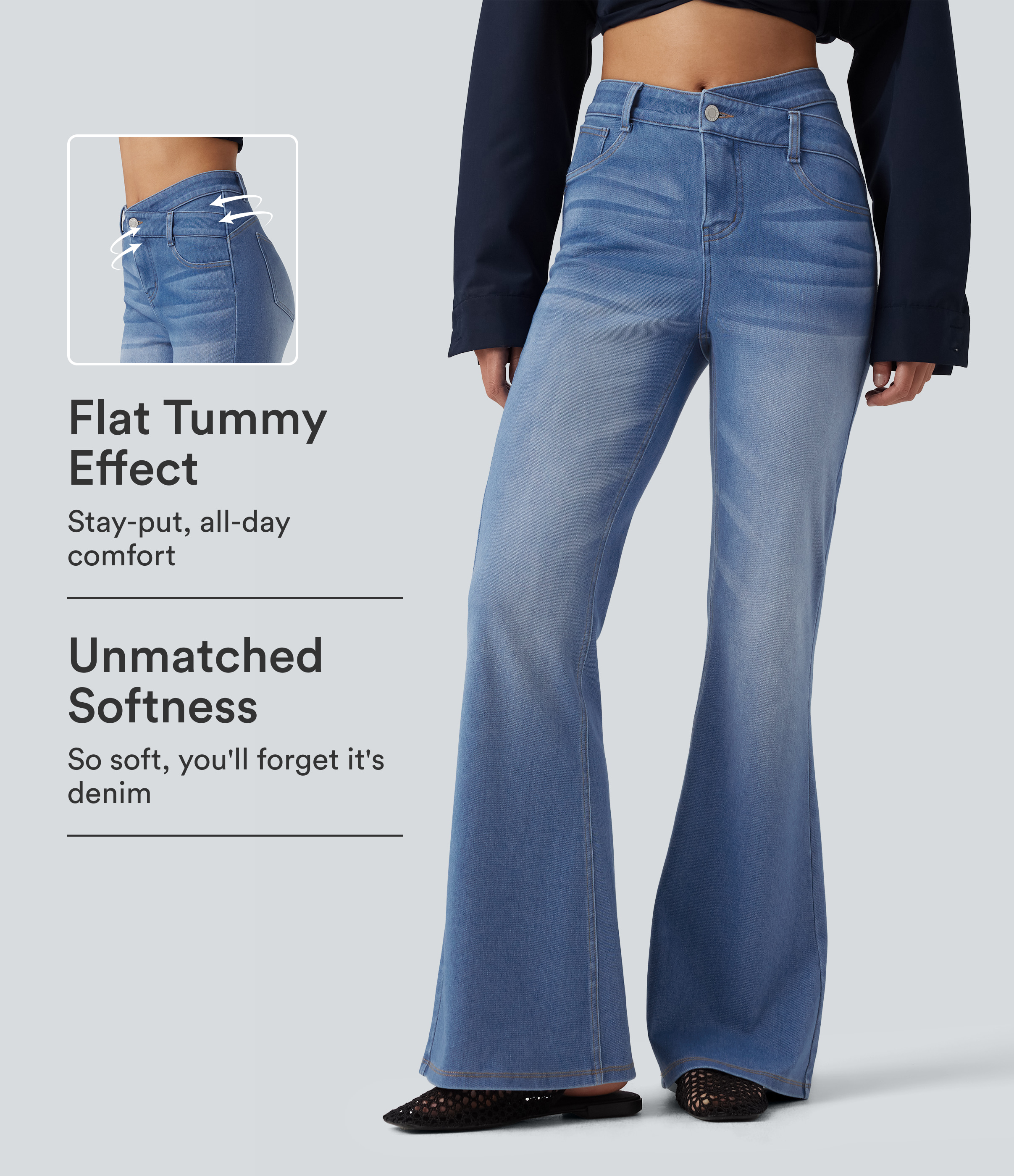 Halara Flex™ High Waisted Crossover Tummy Control Flare Casual Jeans with Pockets 