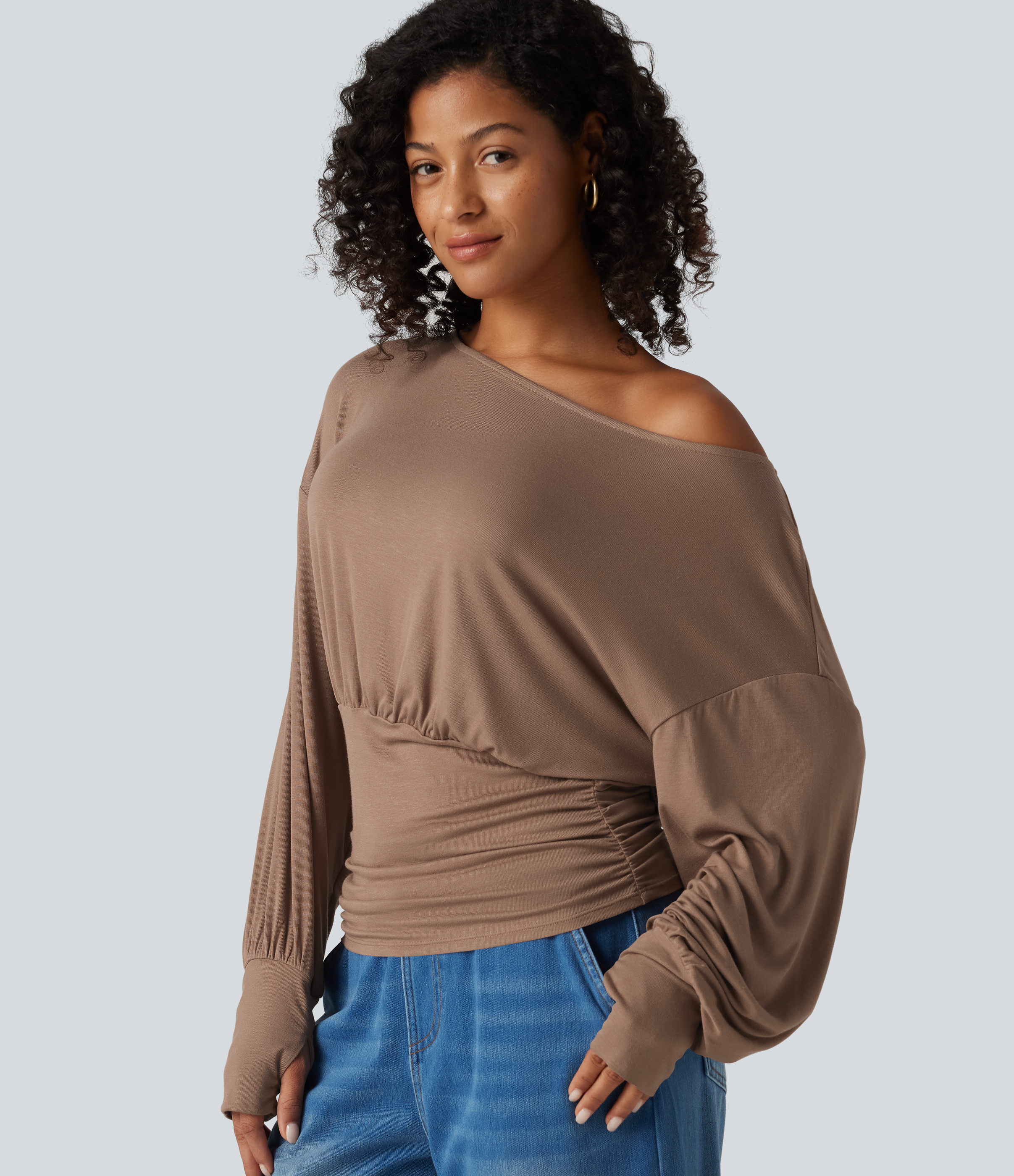 Ribbed Batwing Long Sleeve Ruched Thumb Hole Gathered Hem Casual Top