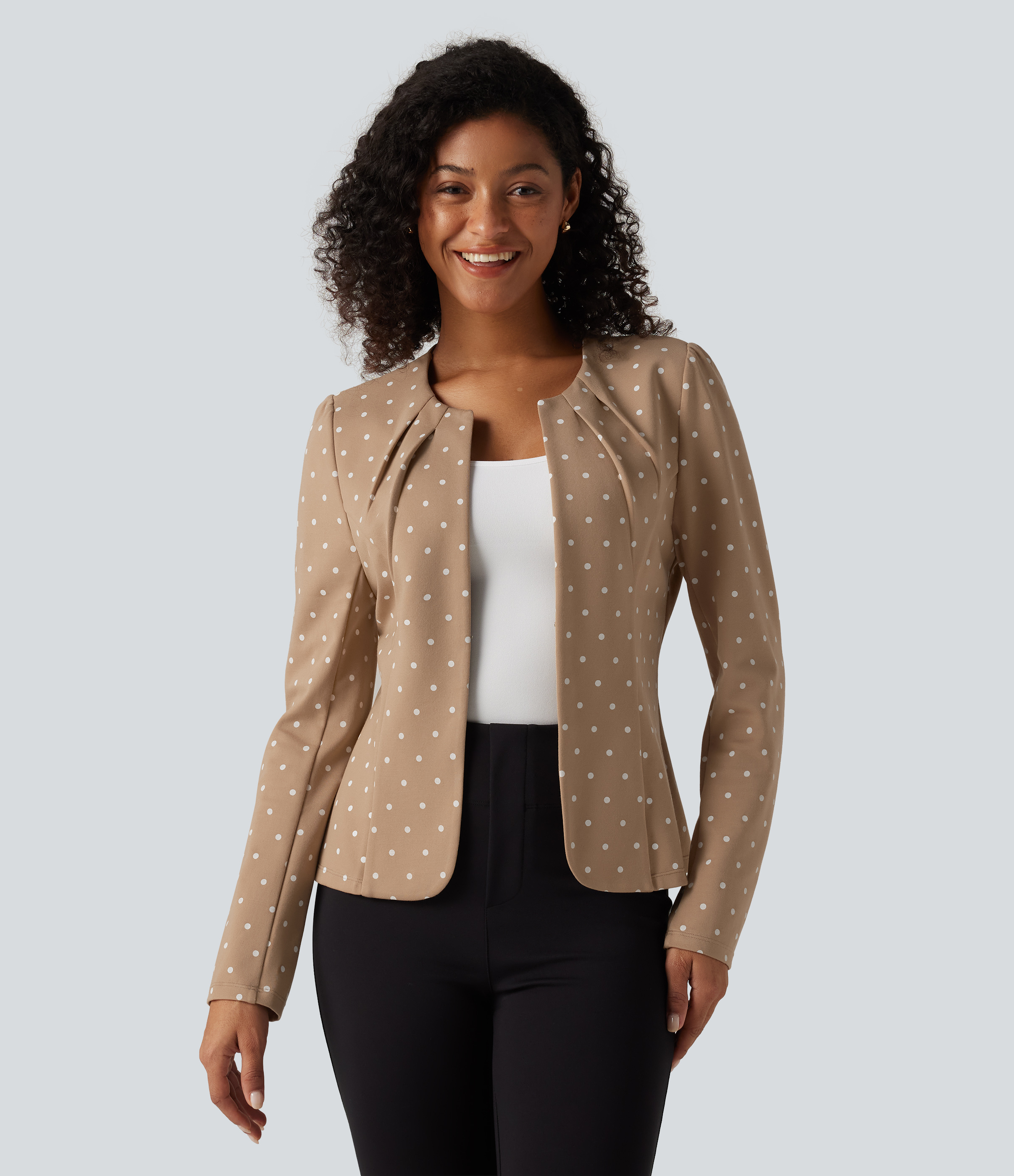 Round Neck Curved Hem Polka Dot Long Sleeve Work Blazer