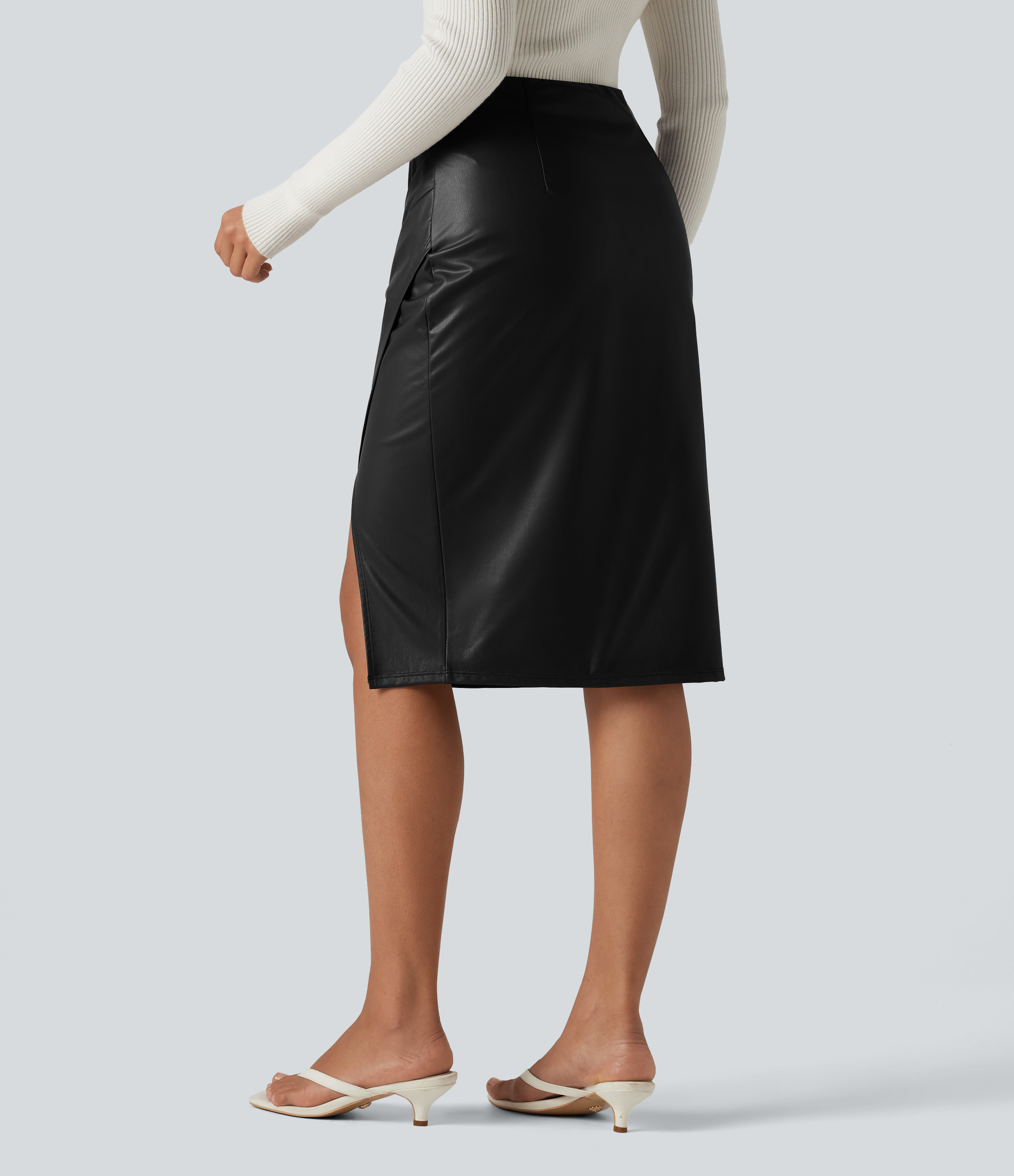 Noir Jupe midi de soirée taille haute asymétrique froncée en simili doublé polaire avec fente / 2