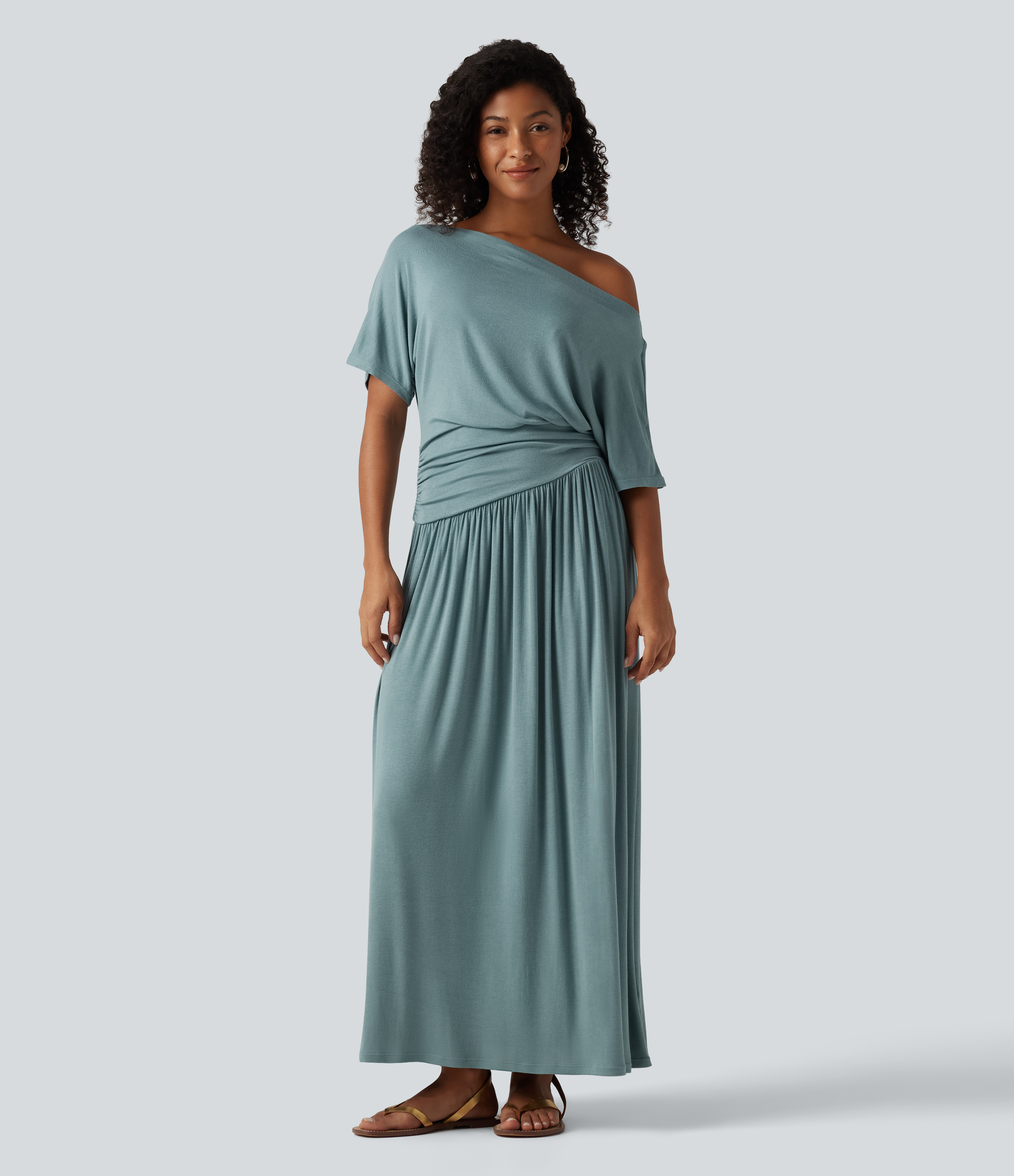Ribbed One Shoulder Short Sleeve Ruched Maxi Casual Dress