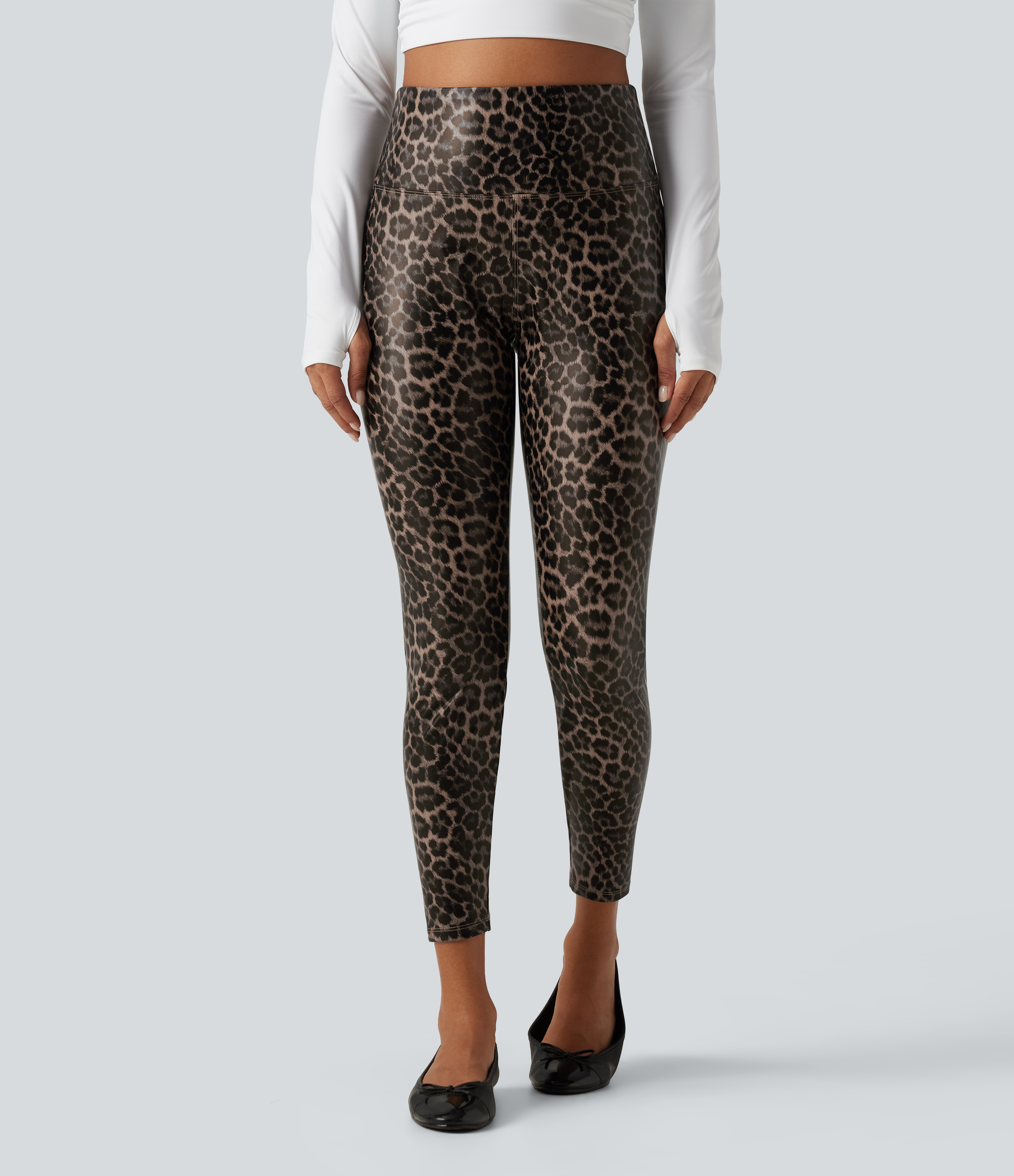 High Waisted Tummy Control Stretchy PU Leopard Print Skinny Casual Leggings with Pockets