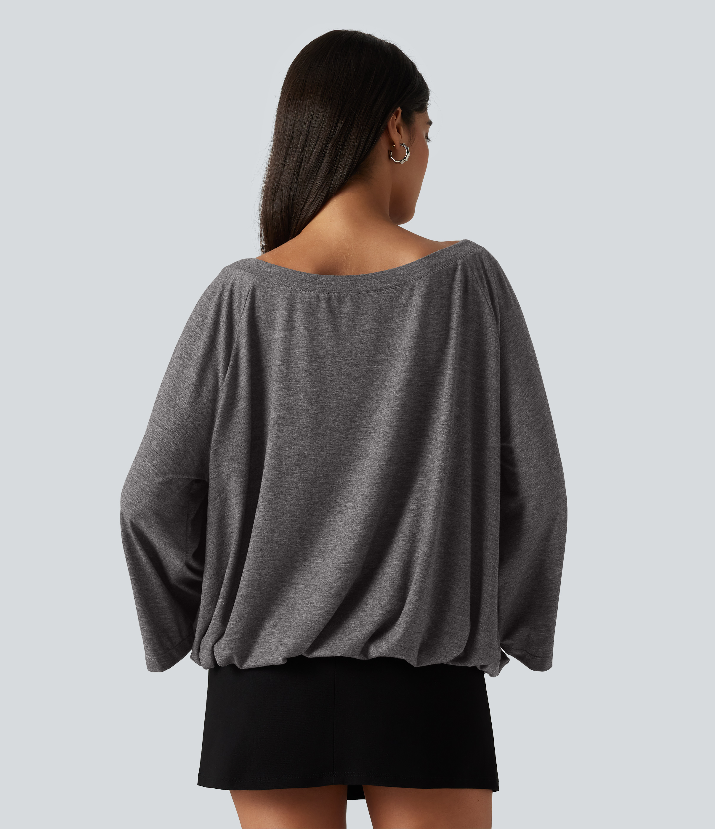 Darl Gray Floral Yarn Boat Neck Ruched Batwing Long Sleeve Top / 2