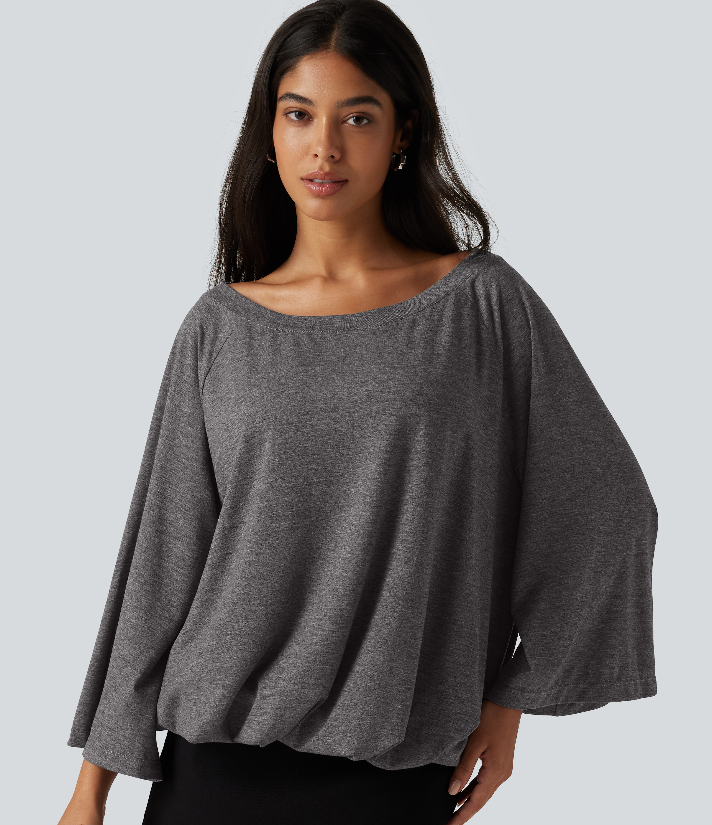Boat Neck Ruched Batwing Long Sleeve Top