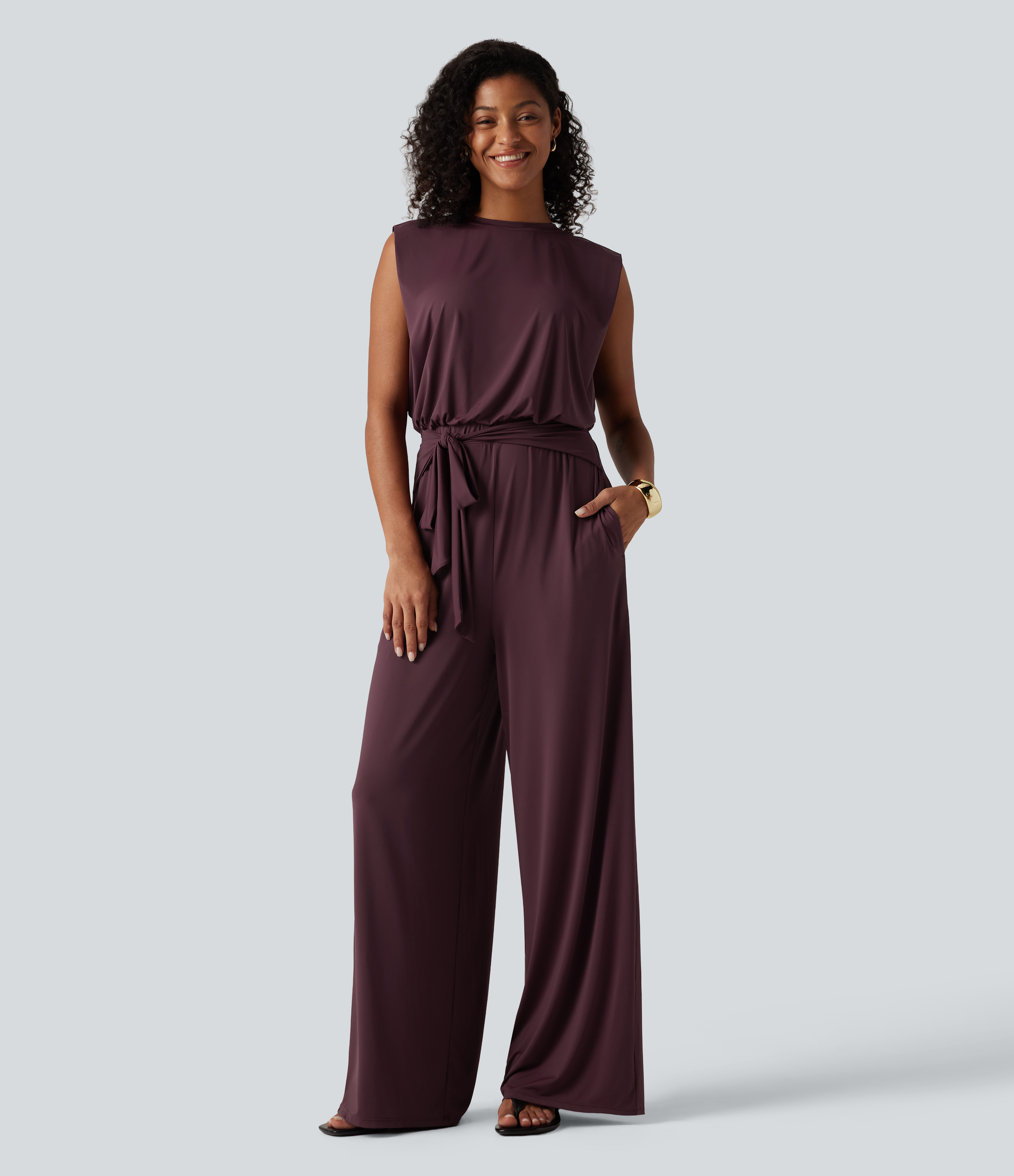 Round Neck Sleeveless Tie Front InstantCool Casual Jumpsuit with Pockets-Easy Peezy Edition-UPF50+