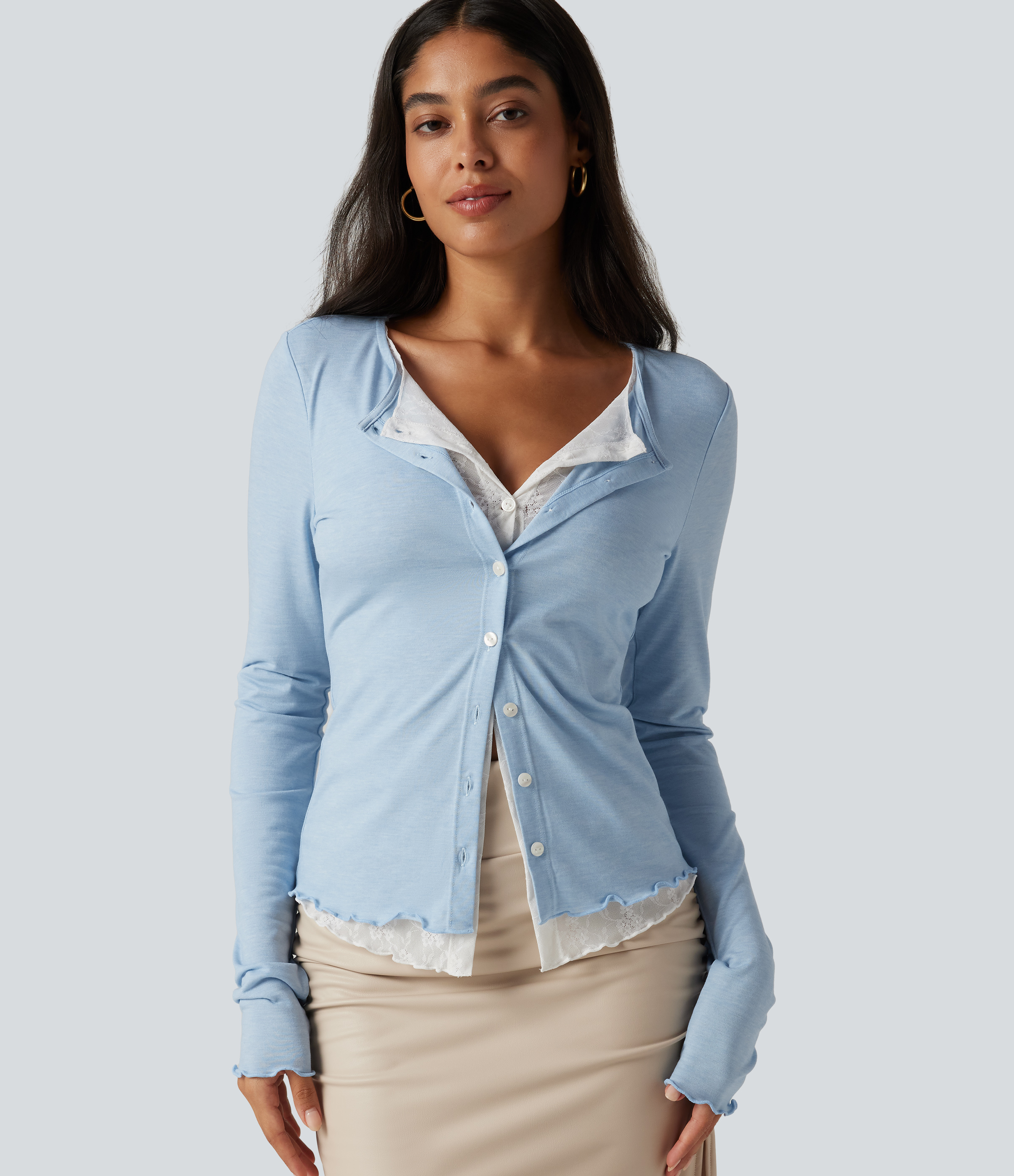 Round Neck Long Sleeve Contrast Lace Party Top
