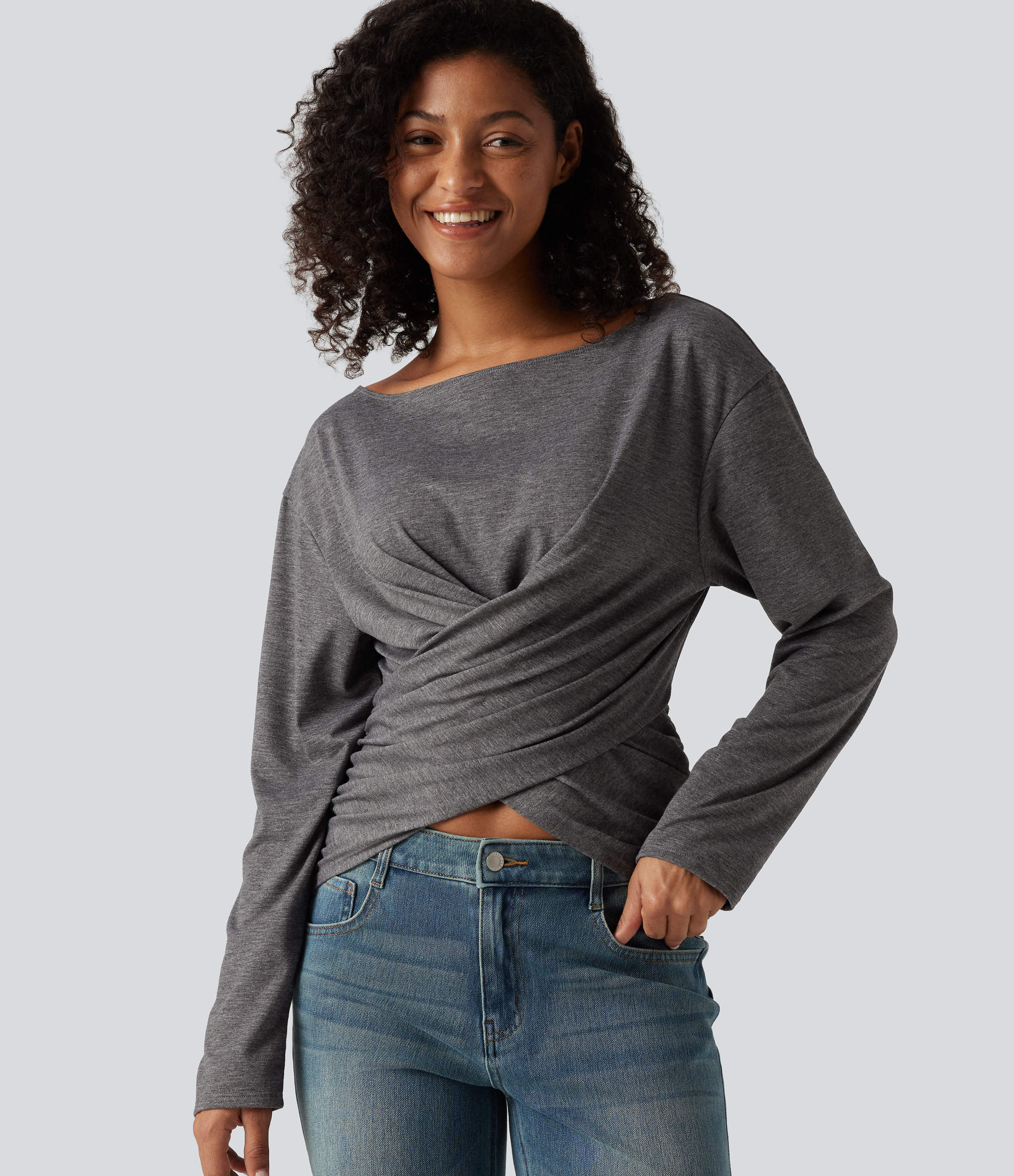 Boat Neck Crossover Hem Ruched Long Sleeve Casual Top
